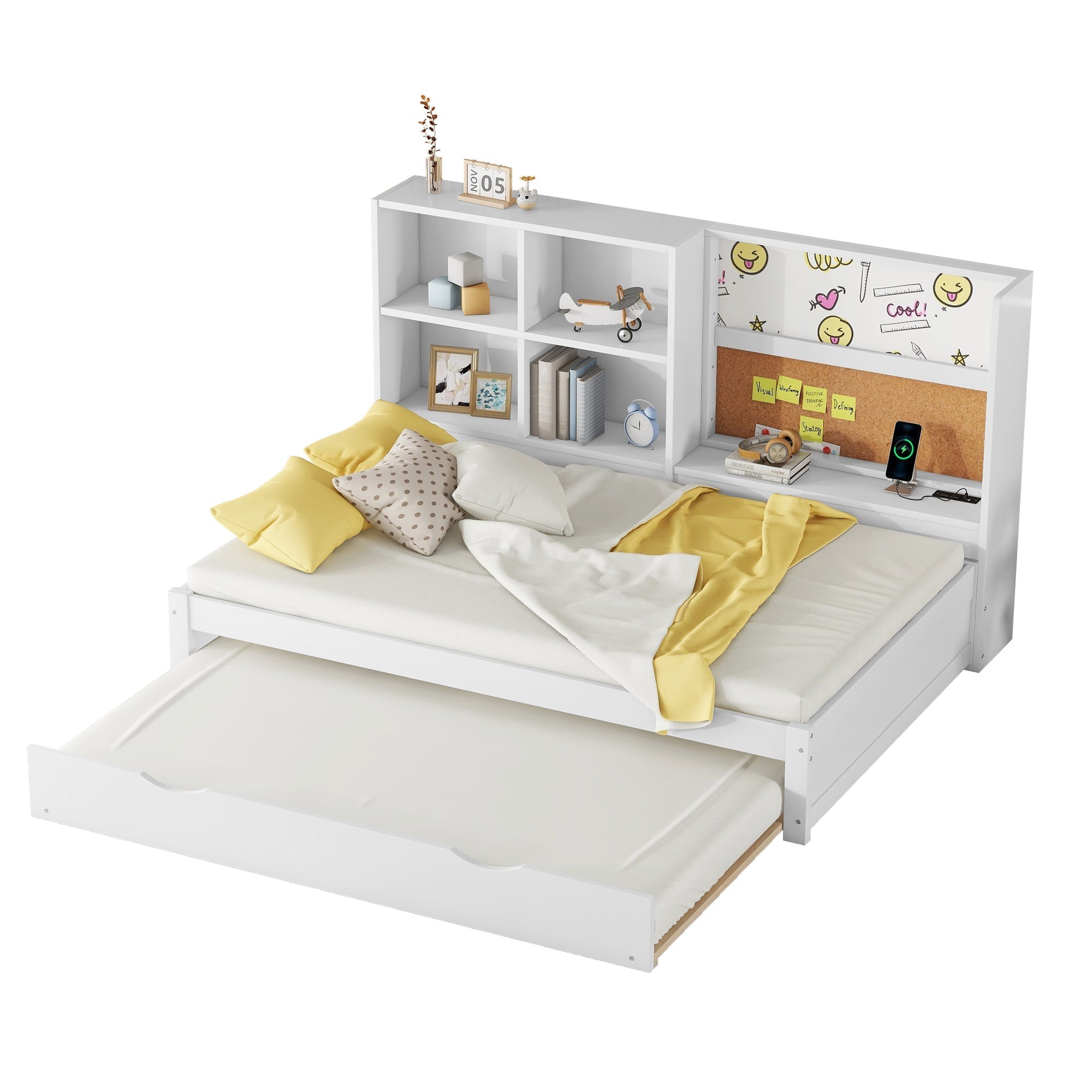 Sofa Bed 90x200cm Pull-out Bed USB Charging Drawing Board Storage - White