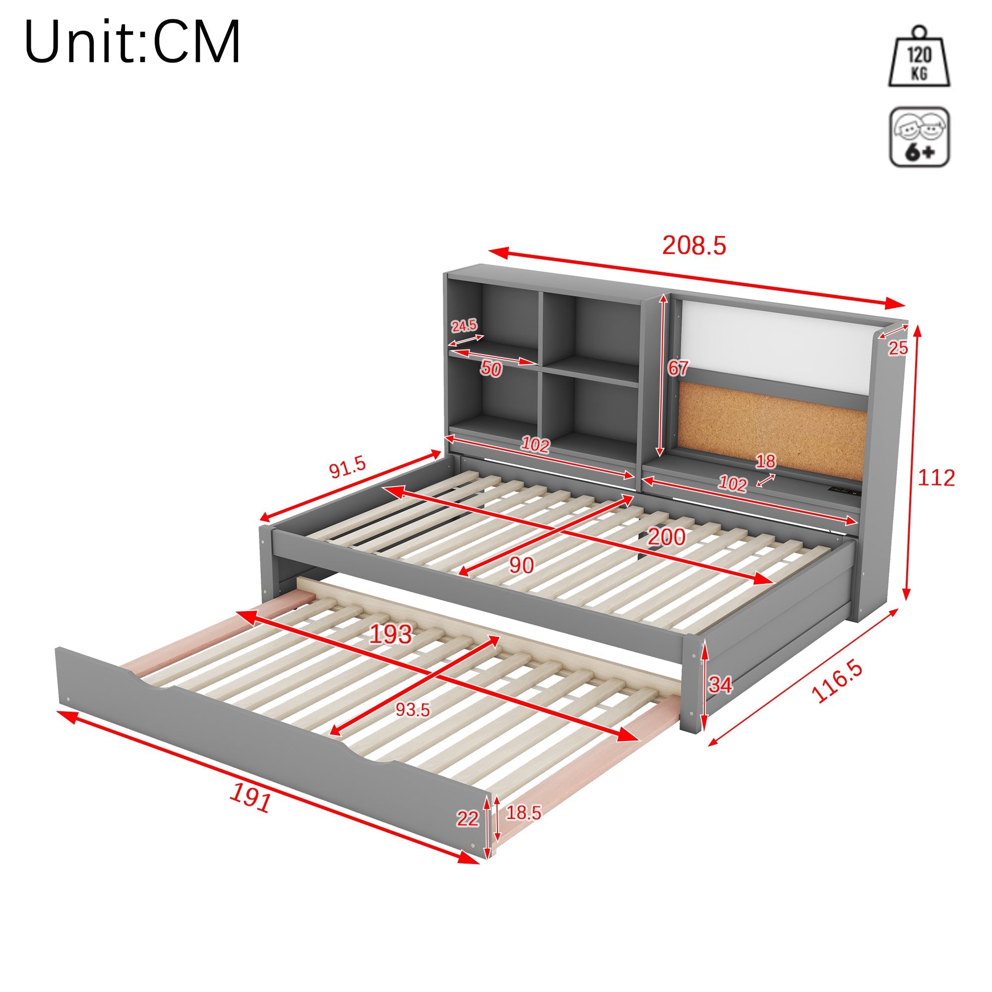 Sofa Bed 90x200cm Pull-out Bed USB Charging Drawing Board Storage - Grey