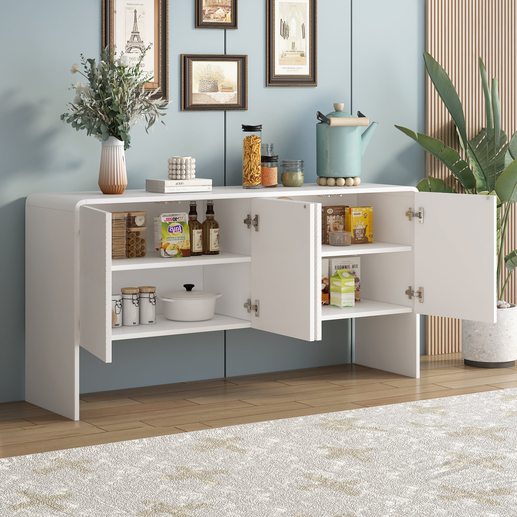 Minimalist Storage Sideboard with 4 Doors and Reclining Mechanism, White