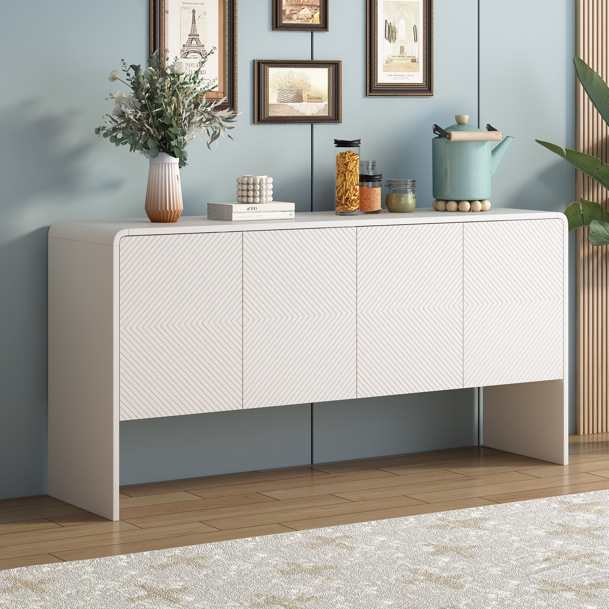 Minimalist Storage Sideboard with 4 Doors and Reclining Mechanism, White
