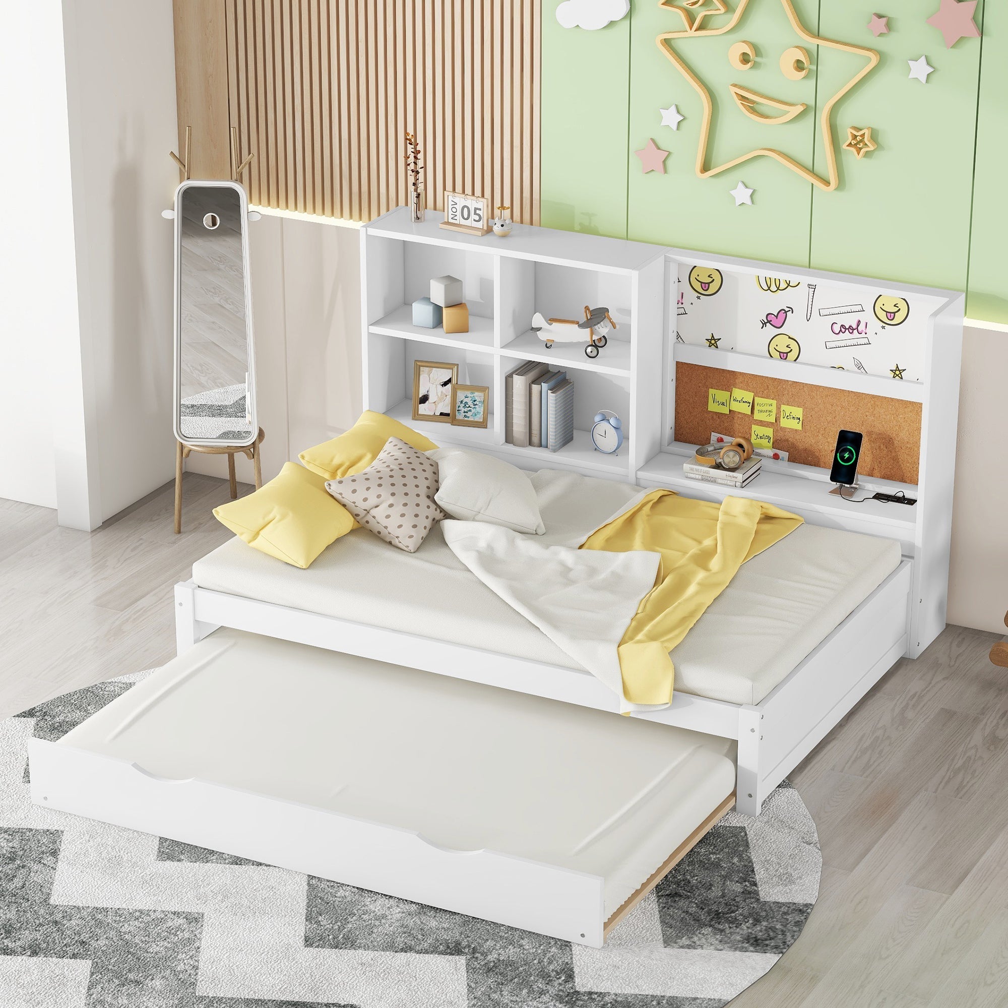 Sofa Bed 90x200cm Pull-out Bed USB Charging Drawing Board Storage - White