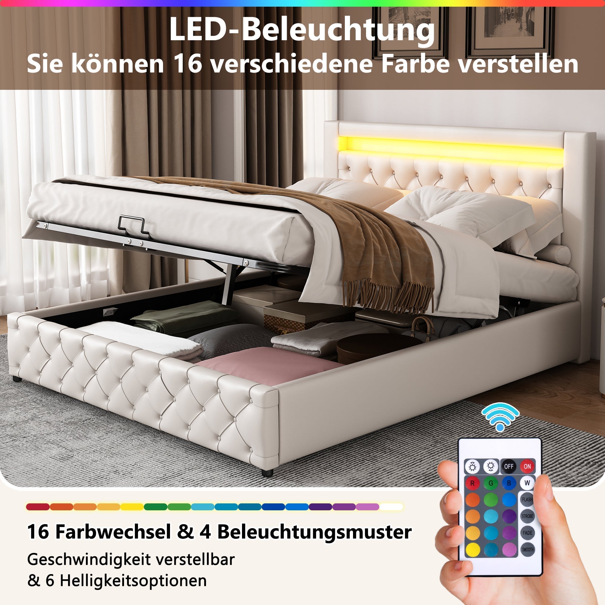 Upholstered Bed 160x200cm Functional Storage Slatted Frame LED Lighting White PU
