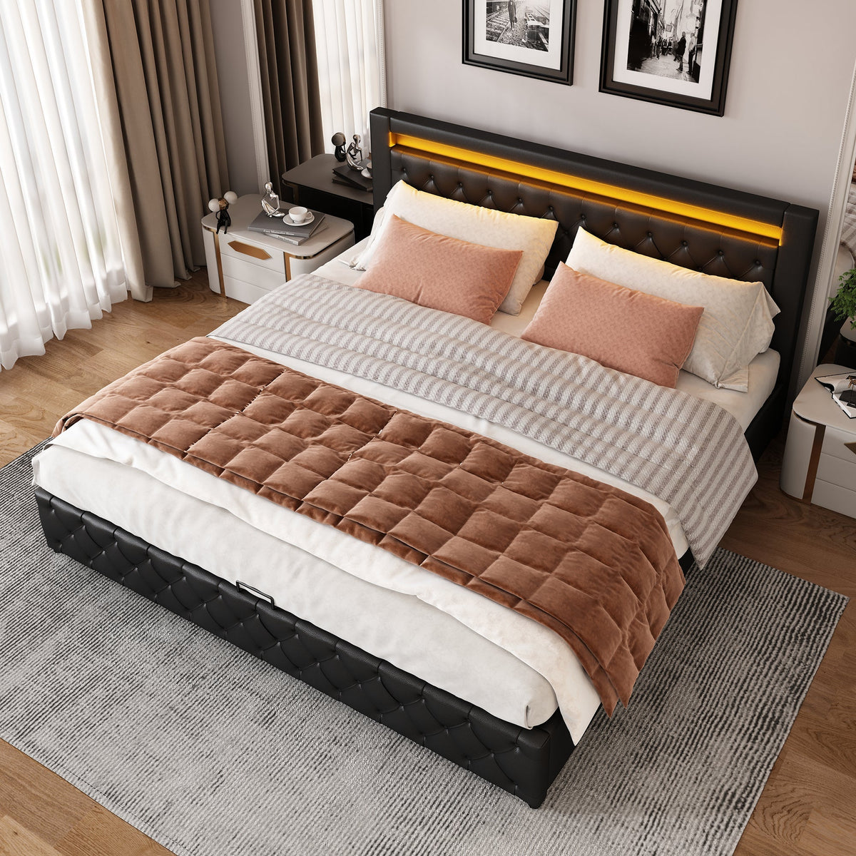 Upholstered Bed 160x200cm Storage LED Slatted Frame - Black PU