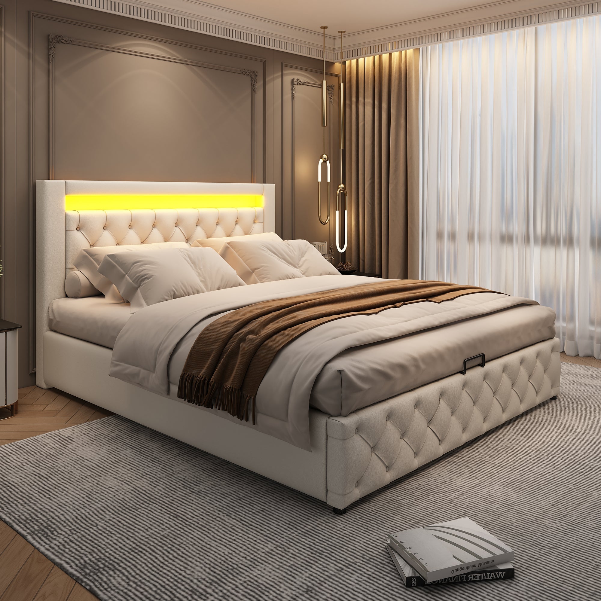 Upholstered Bed 160x200cm Functional Storage Slatted Frame LED Lighting White PU