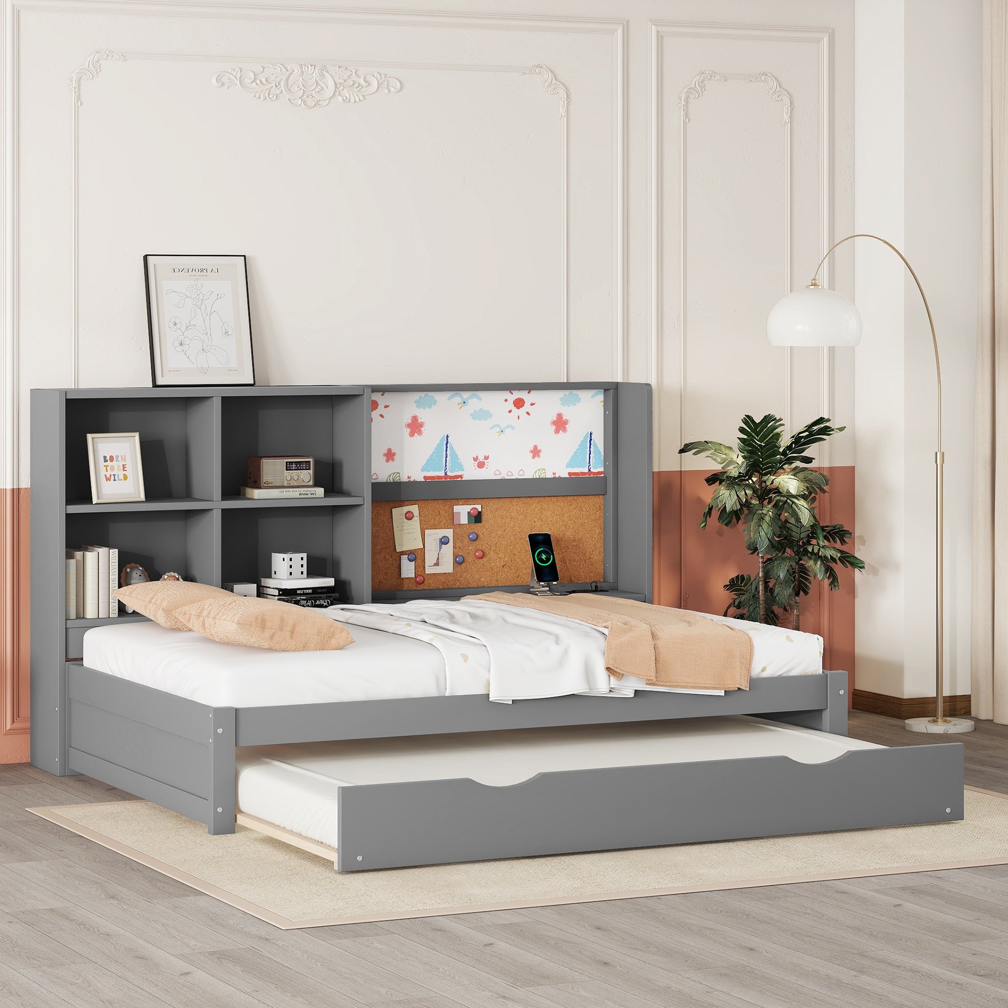 Sofa Bed 90x200cm Pull-out Bed USB Charging Drawing Board Storage - Grey