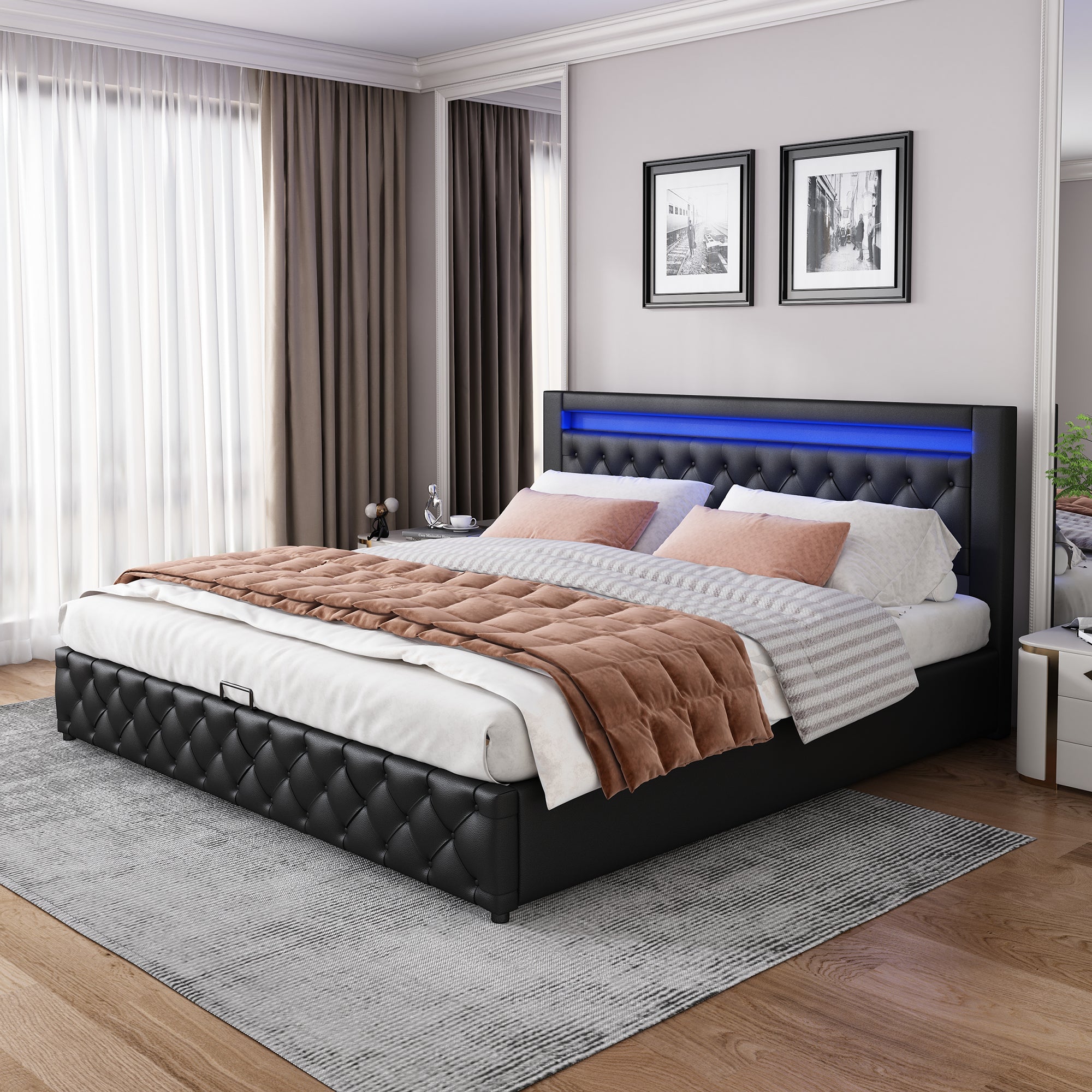 Upholstered Bed 160x200cm Storage LED Slatted Frame - Black PU