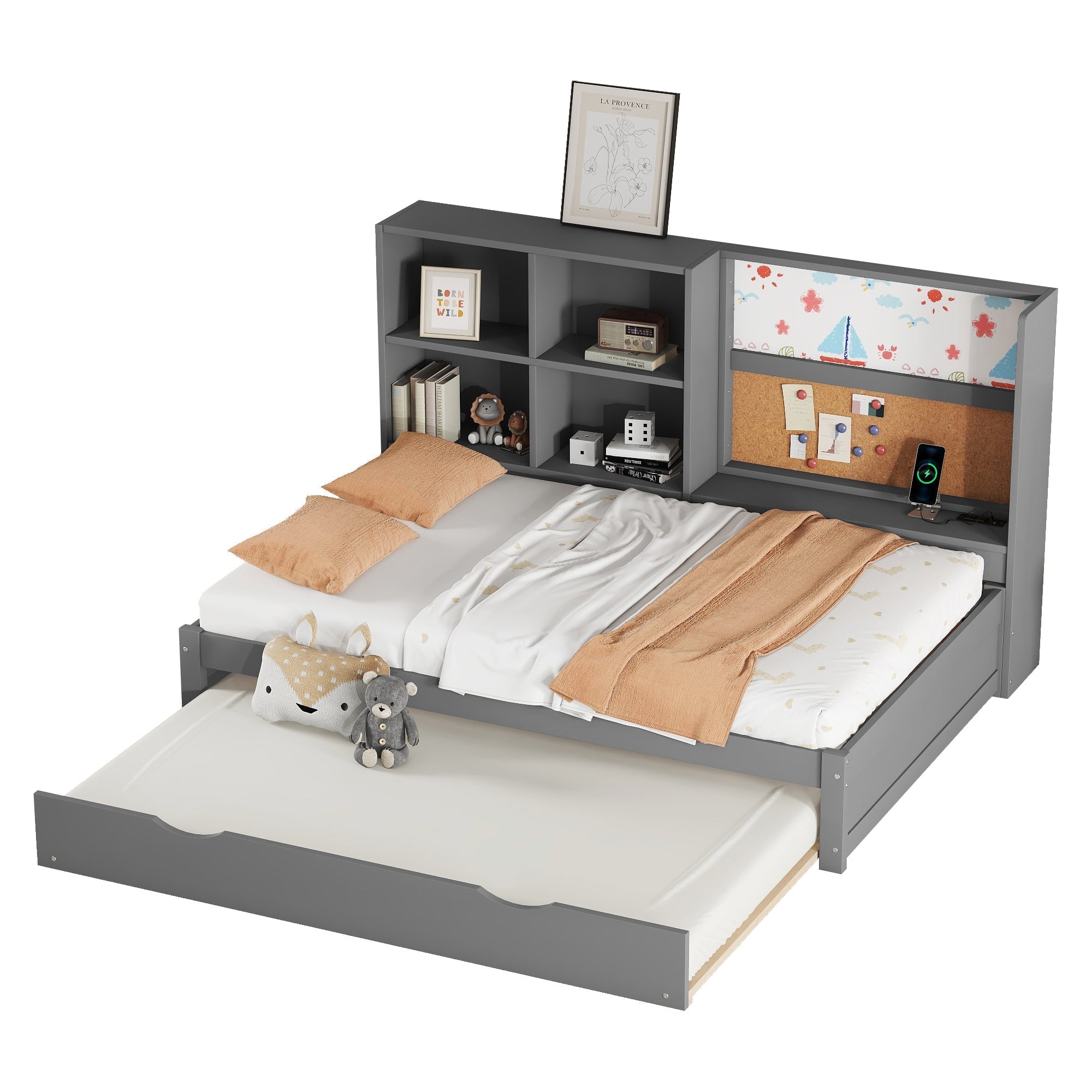 Sofa Bed 90x200cm Pull-out Bed USB Charging Drawing Board Storage - Grey