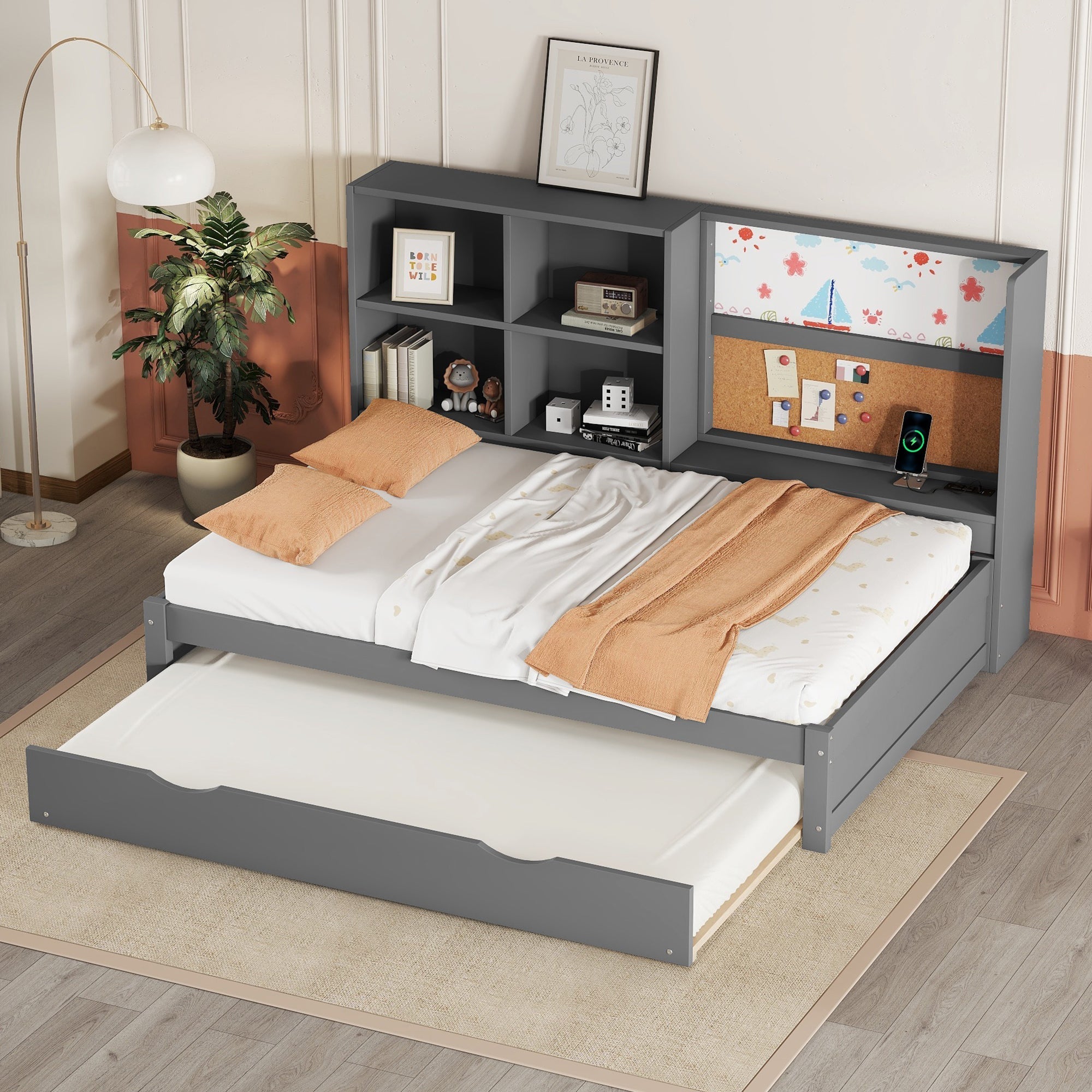 Sofa Bed 90x200cm Pull-out Bed USB Charging Drawing Board Storage - Grey