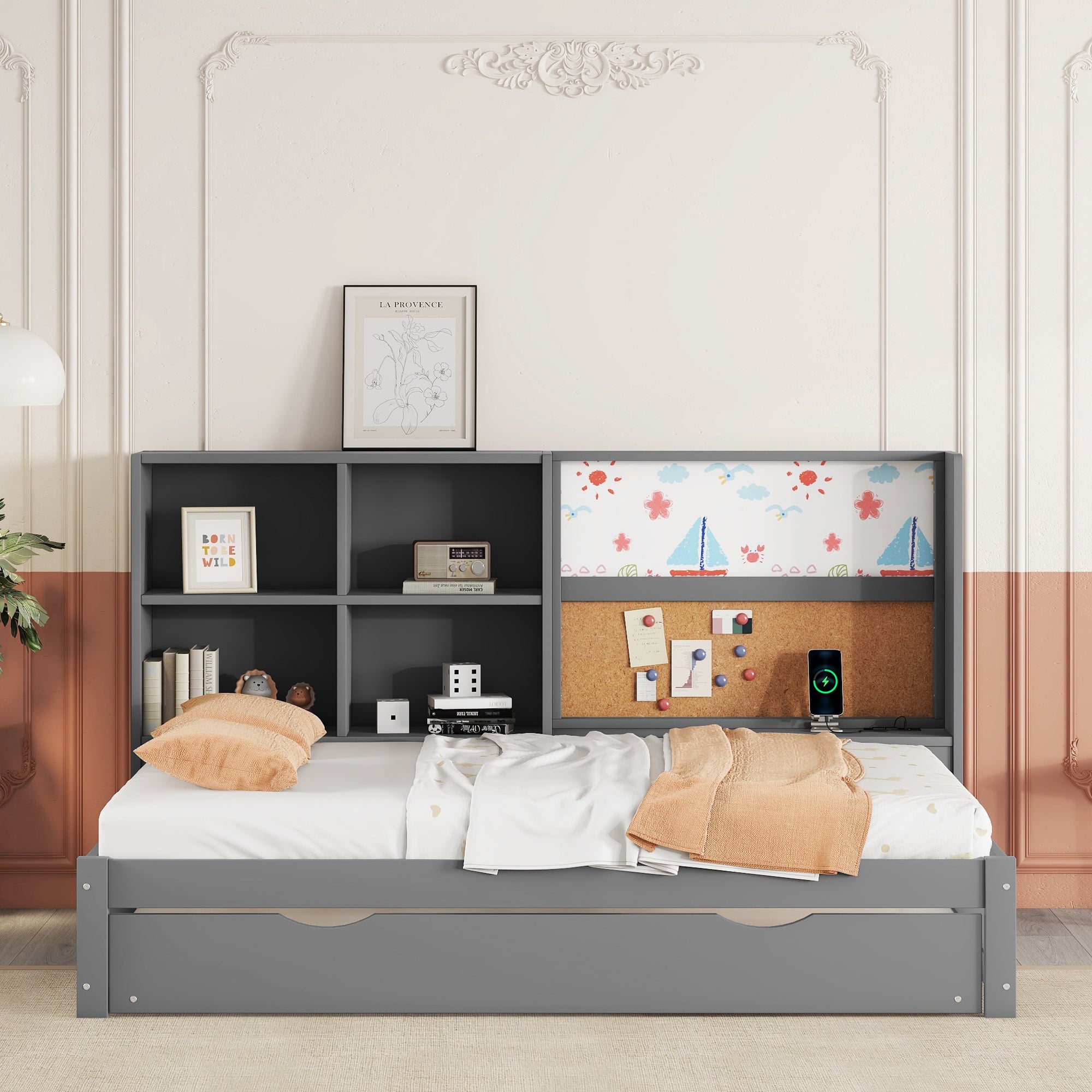 Sofa Bed 90x200cm Pull-out Bed USB Charging Drawing Board Storage - Grey