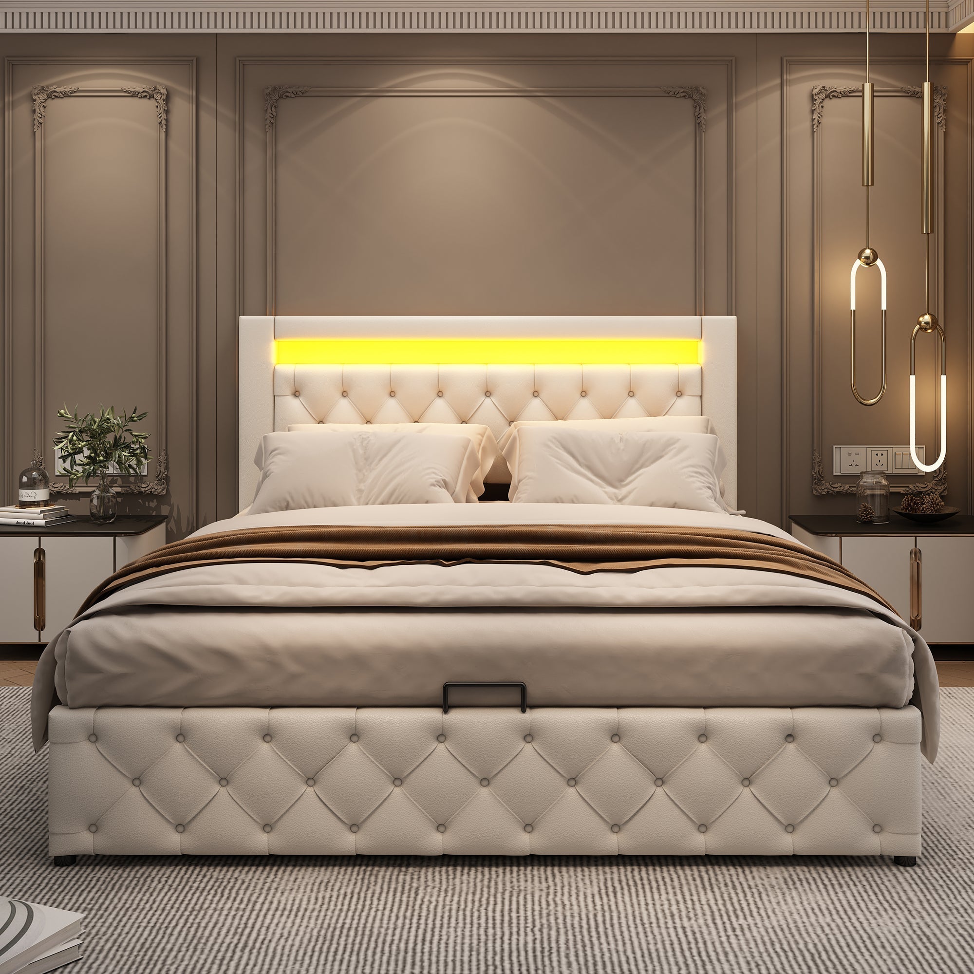 Upholstered Bed 160x200cm Functional Storage Slatted Frame LED Lighting White PU