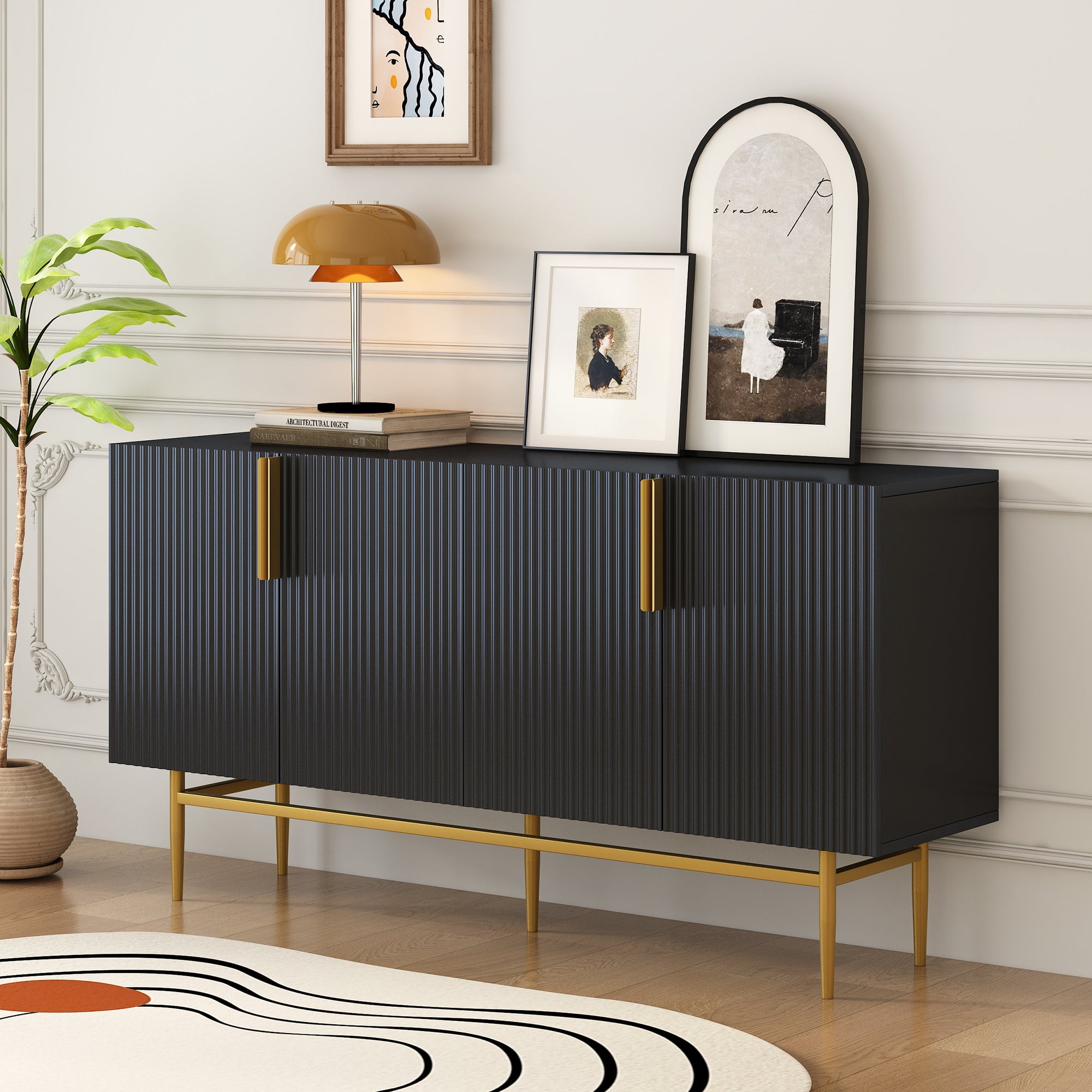 Sideboard, 4 Doors Gold Handle, Black