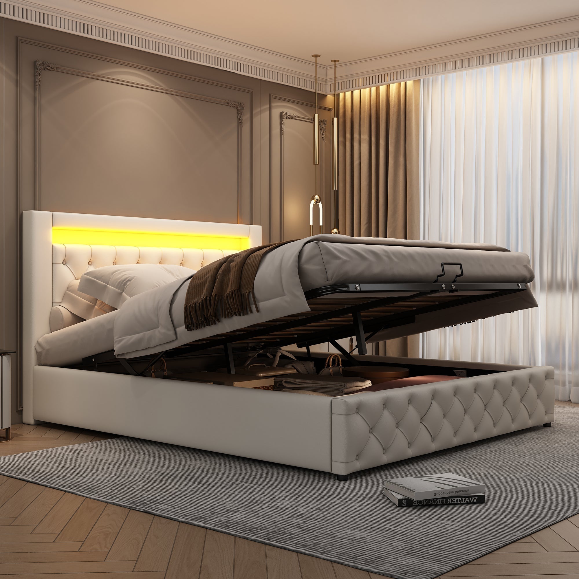 Upholstered Bed 160x200cm Functional Storage Slatted Frame LED Lighting White PU