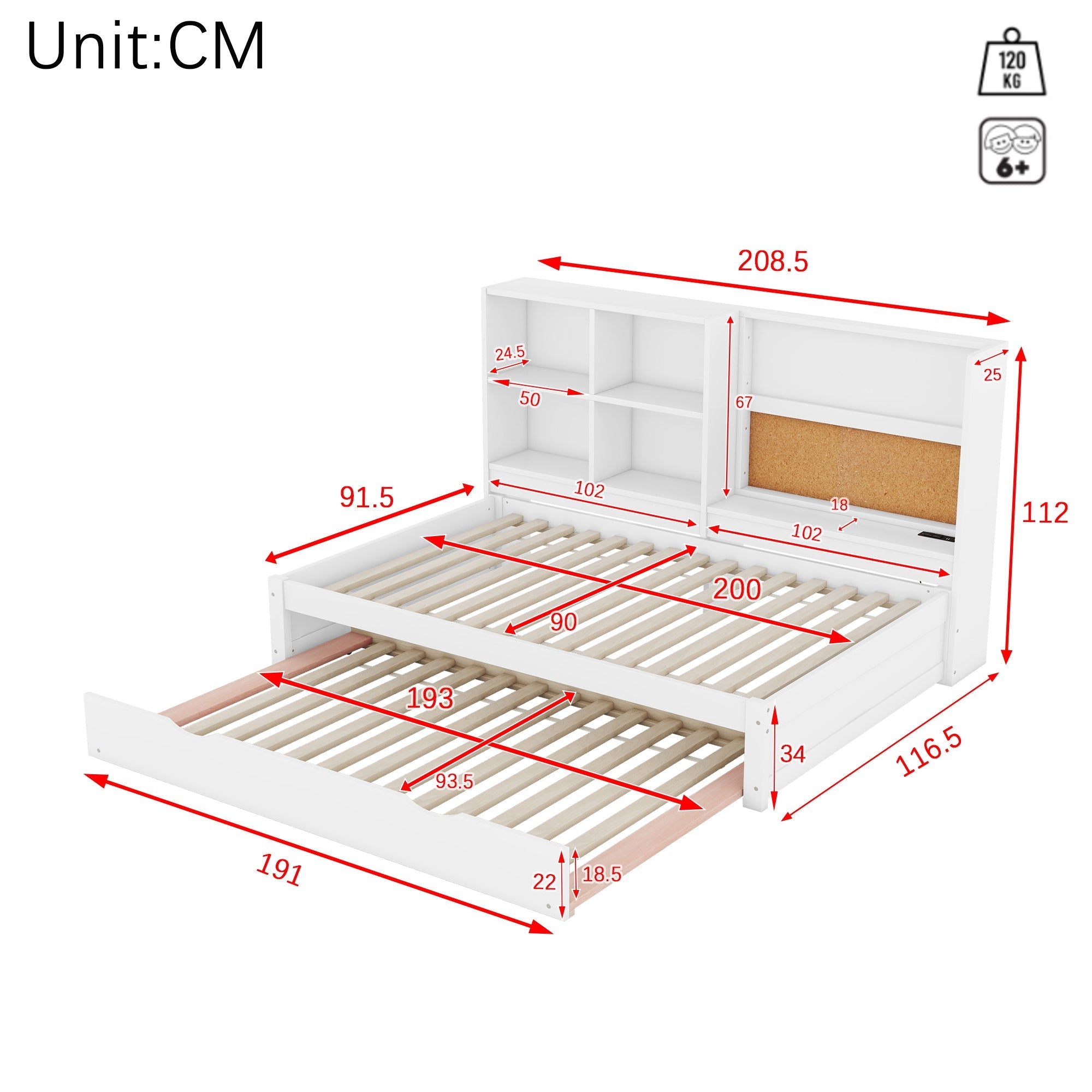 Sofa Bed 90x200cm Pull-out Bed USB Charging Drawing Board Storage - White