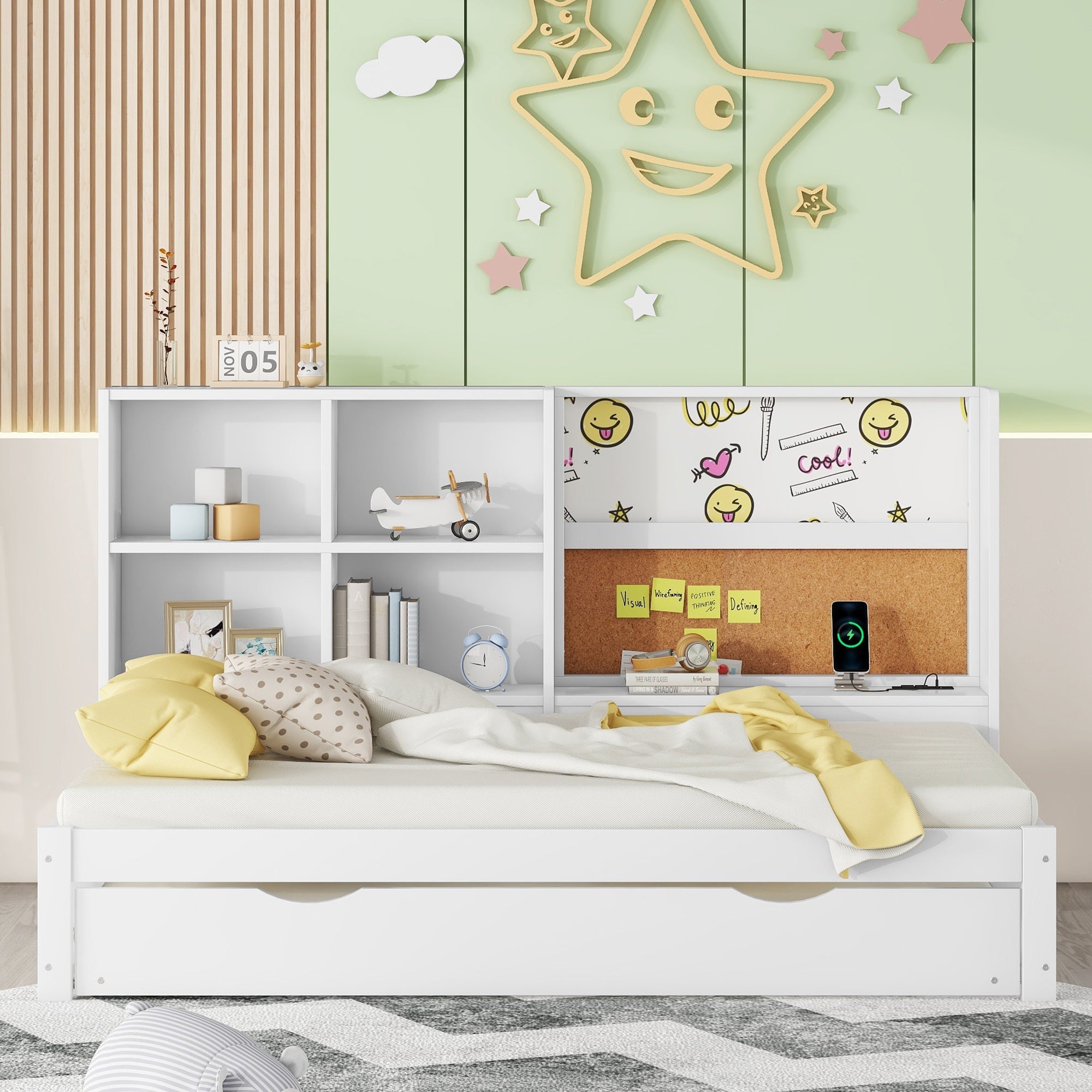 Sofa Bed 90x200cm Pull-out Bed USB Charging Drawing Board Storage - White