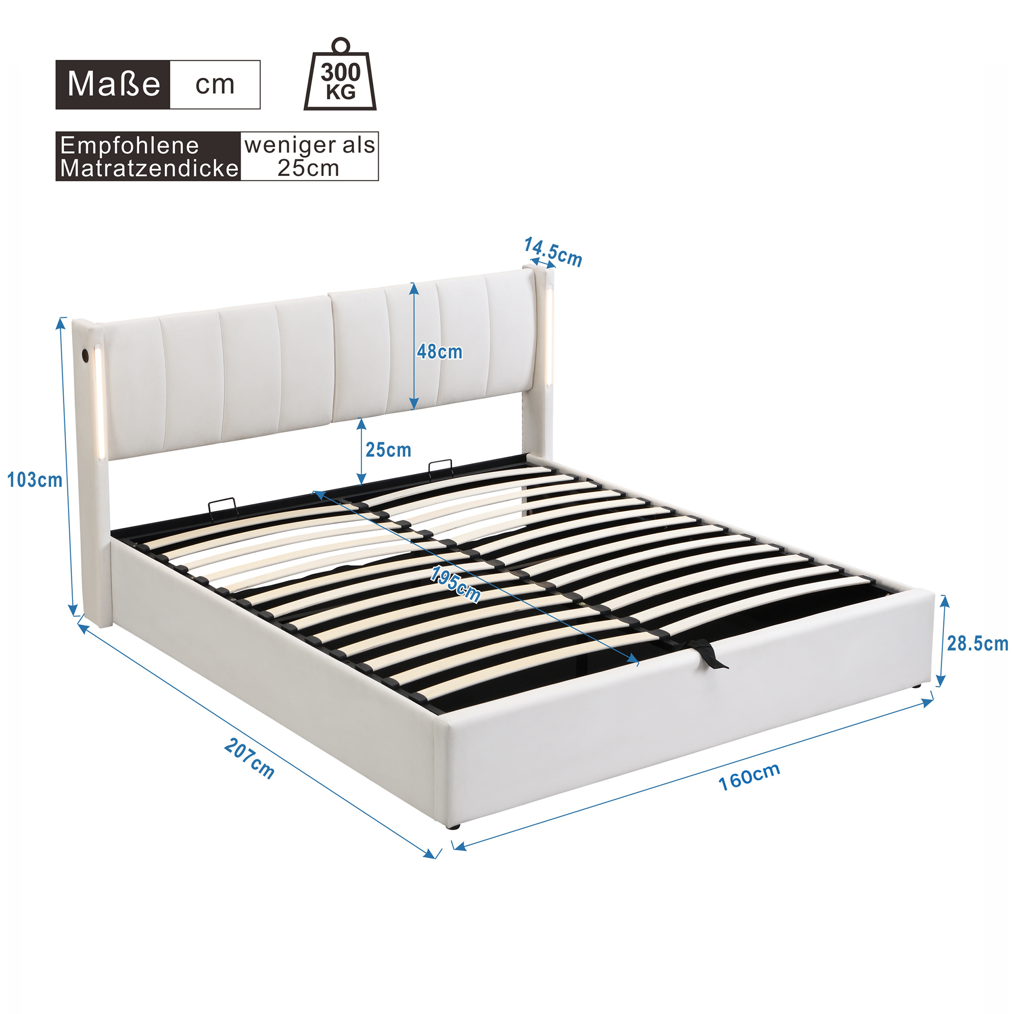 Upholstered Bed 160x200cm Hydraulic Storage LED USB Adjustable Headboard - White PU