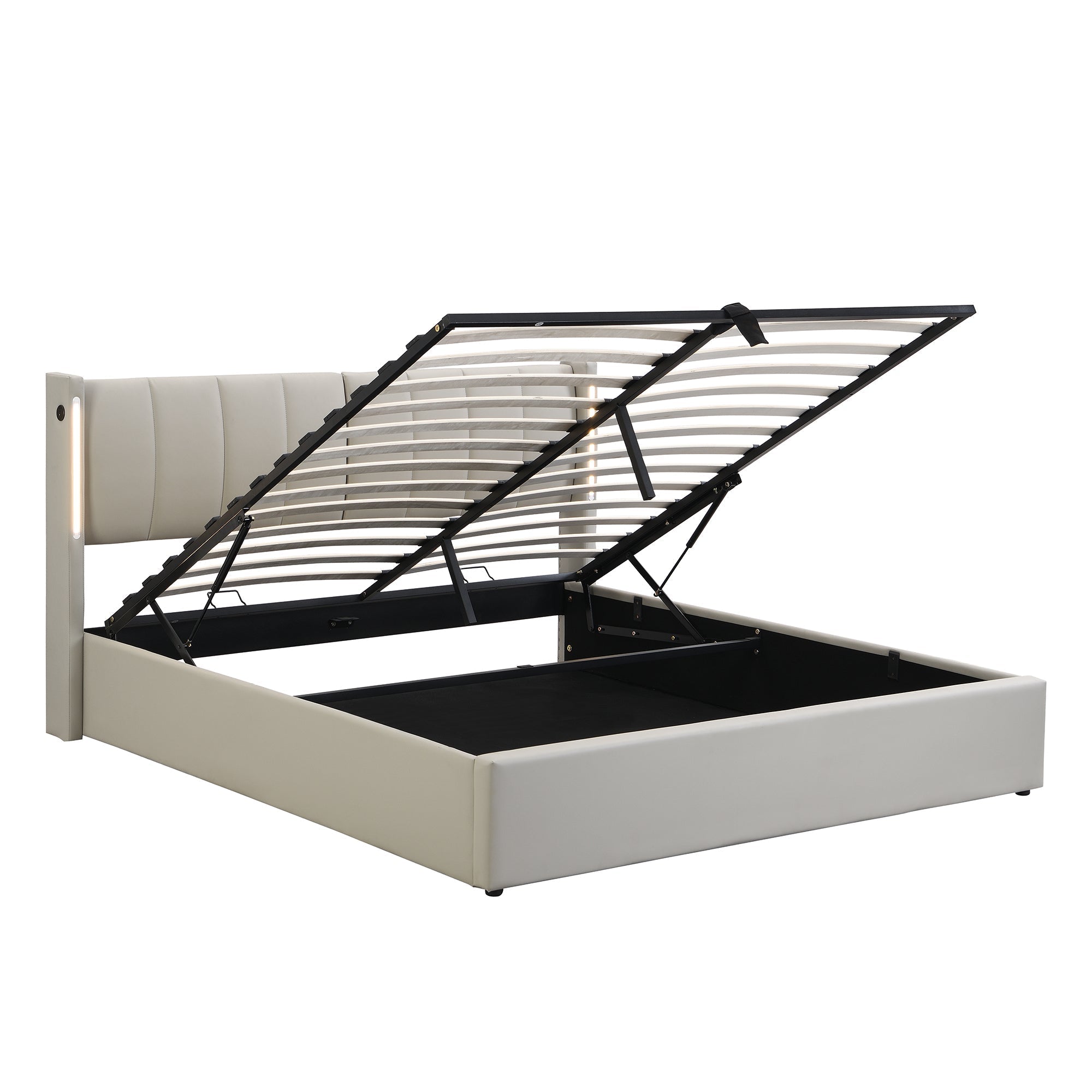 Upholstered Bed 140x190cm Hydraulic LED USB Storage Adjustable Headboard PU Gray