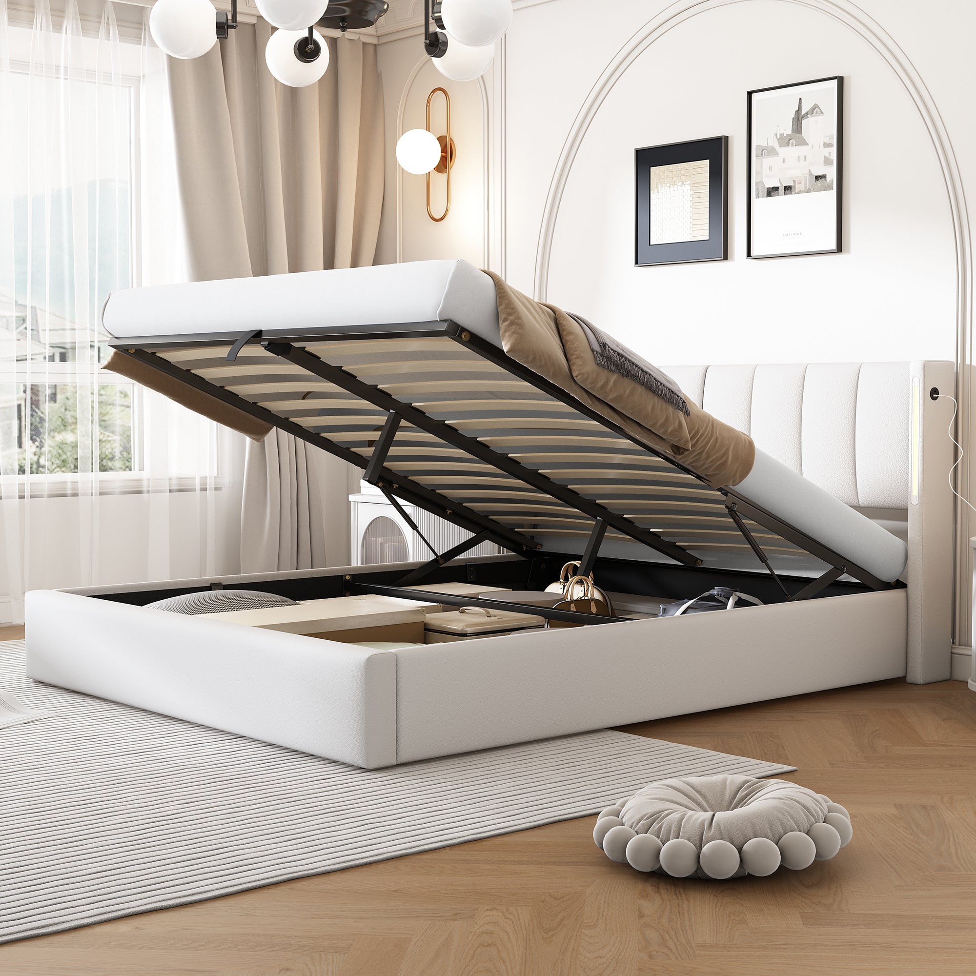 Upholstered Bed 140x190cm Hydraulic Storage Adjustable Headboard LED USB White Faux Leather