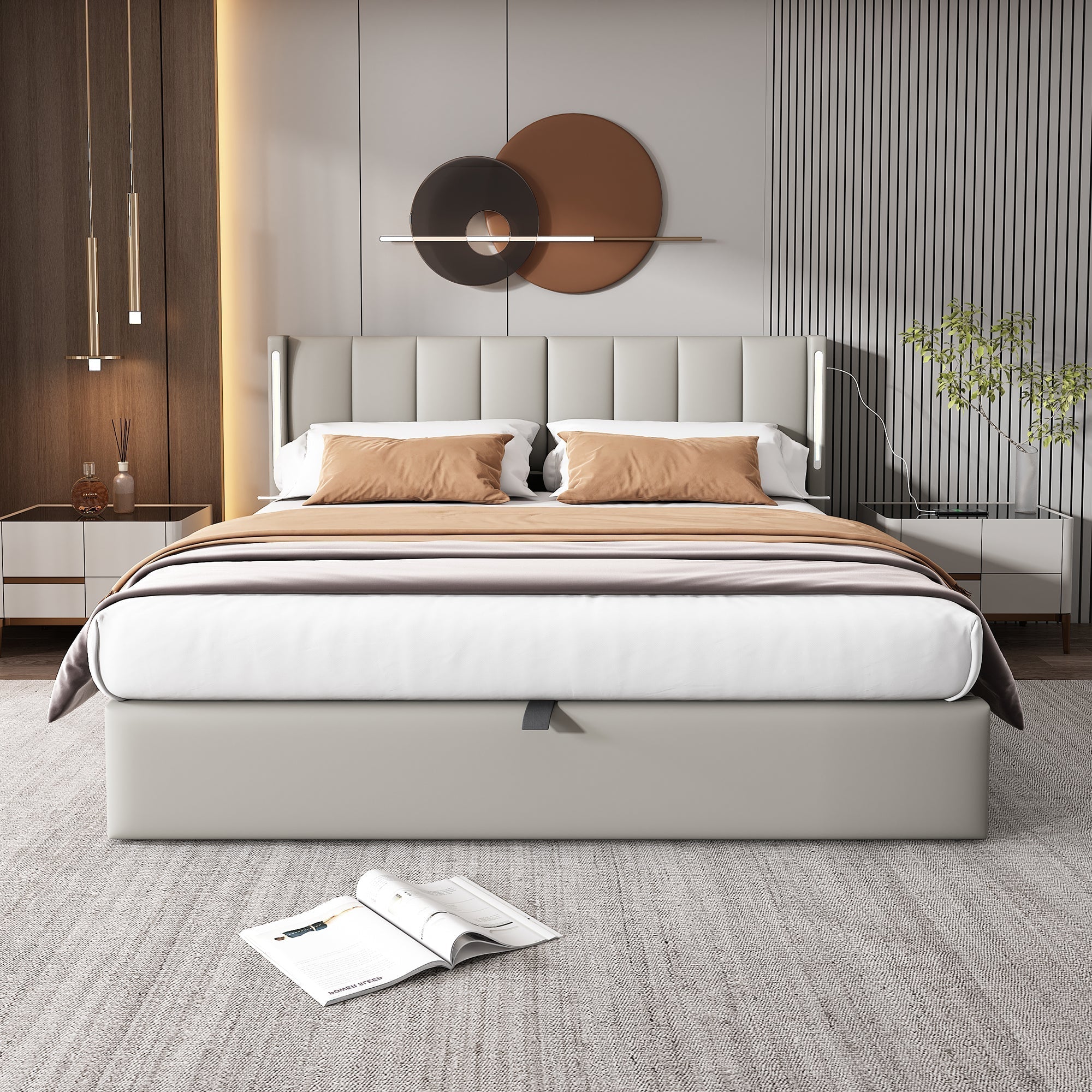 Upholstered Bed 140x200cm Hydraulic Storage LED USB Adjustable Headboard PU Grey