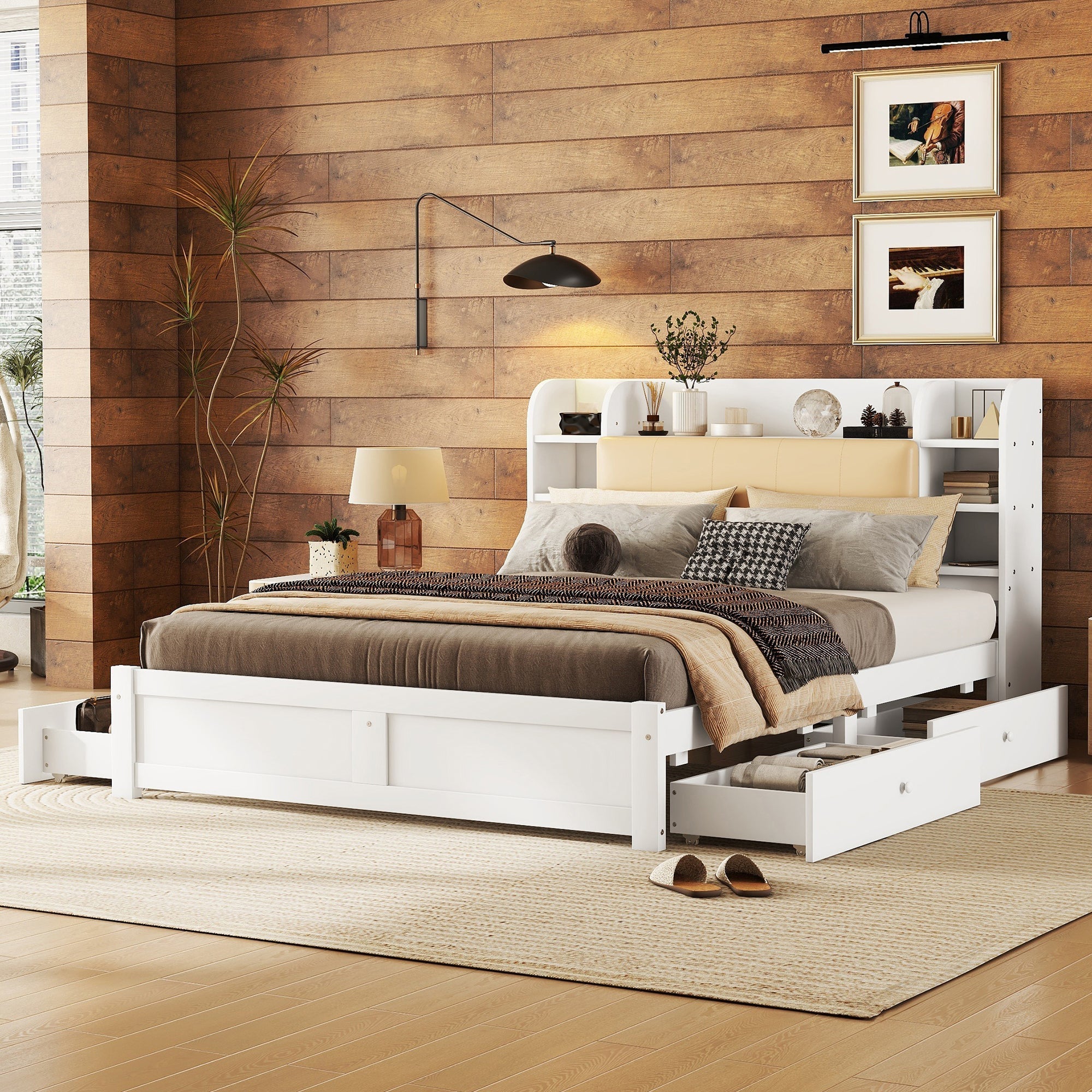 Flat Bed 160x200cm Fold-Down Headboard 4 Drawers Storage - White