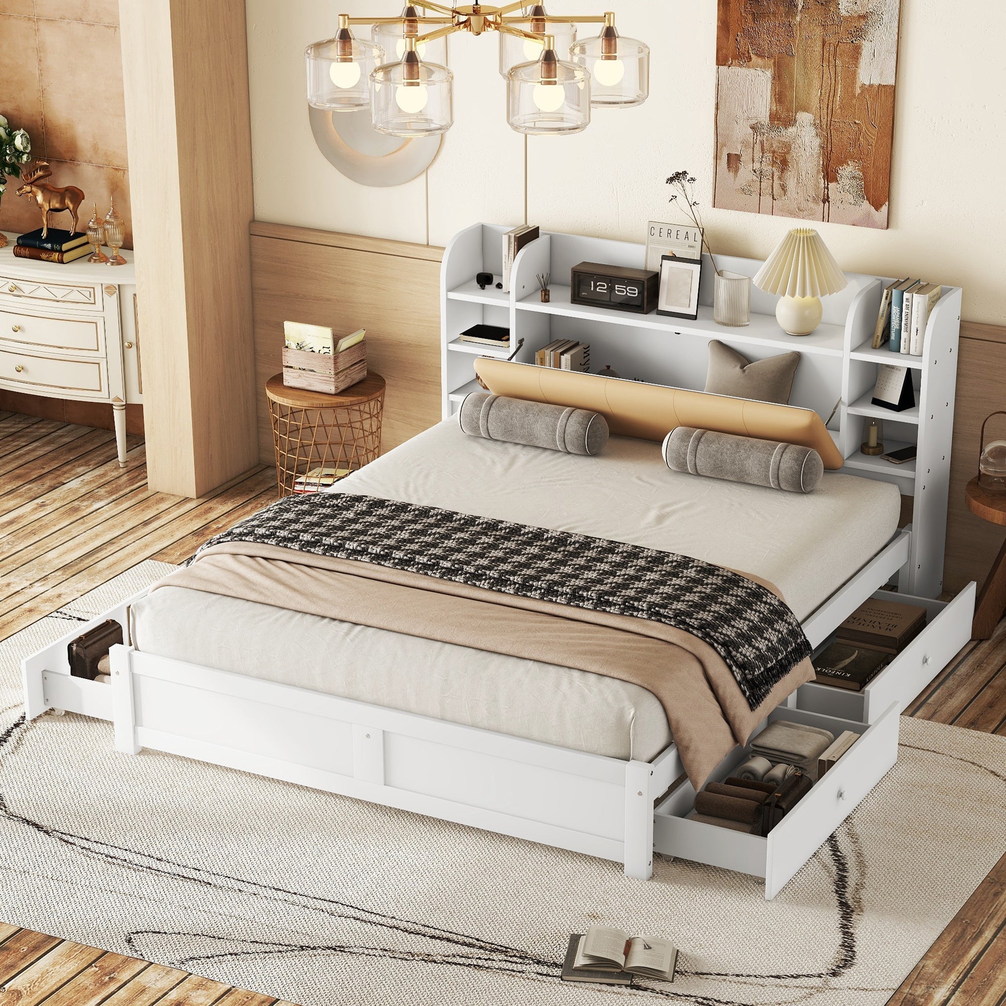 Flat Bed, 180x200cm Fold-Down Headboard 4 Drawers Storage, White