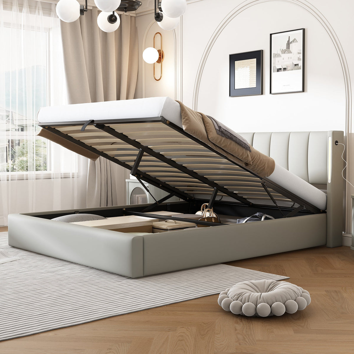 Upholstered Bed 140x200cm Hydraulic Storage LED USB Adjustable Headboard PU Grey