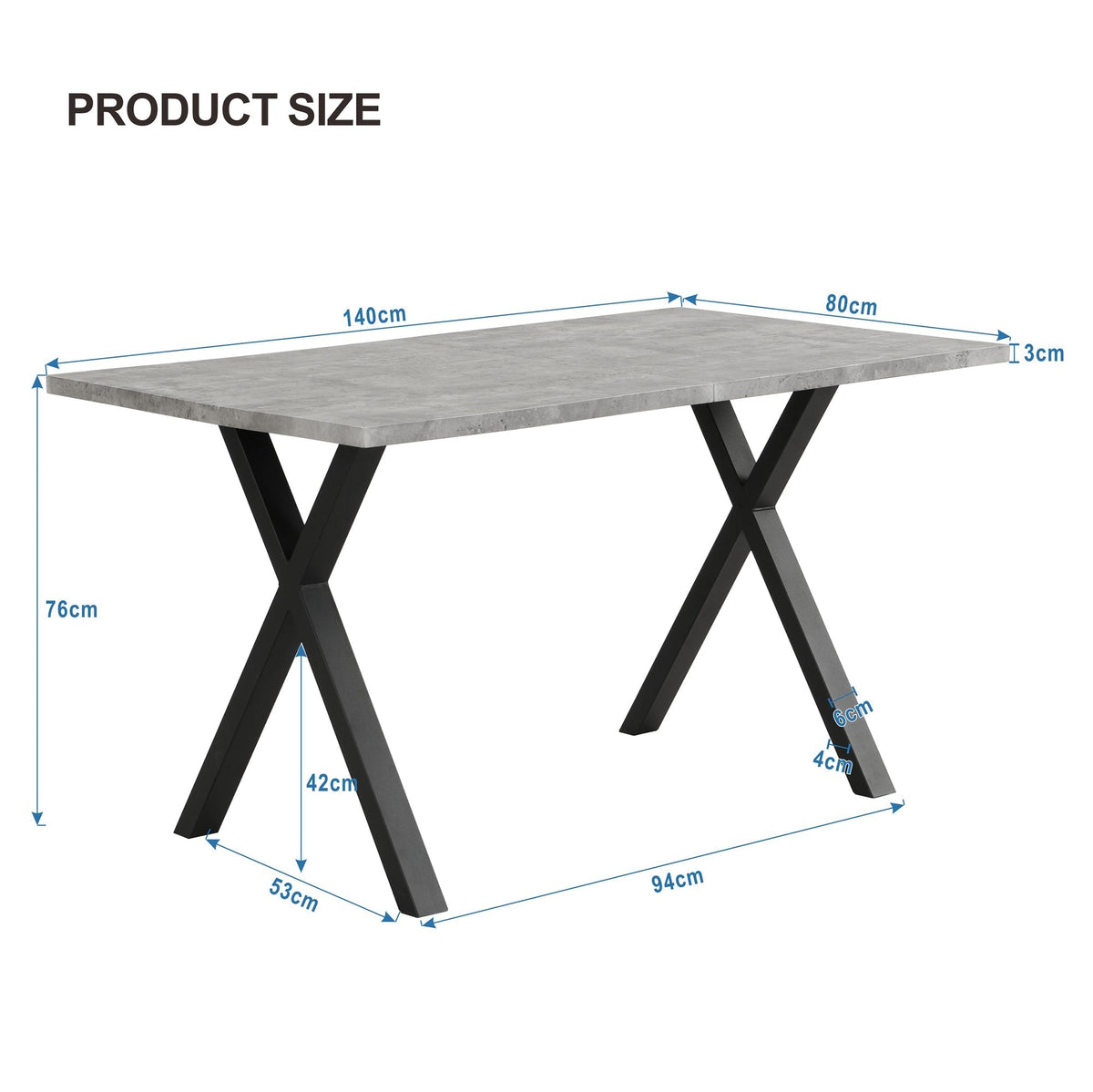 Dining Table Rectangular 140x80cm Crossed Legs Wrought Iron - Concrete Look/Black
