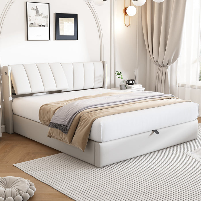 Upholstered Bed 140x190cm Hydraulic Storage Adjustable Headboard LED USB White Faux Leather