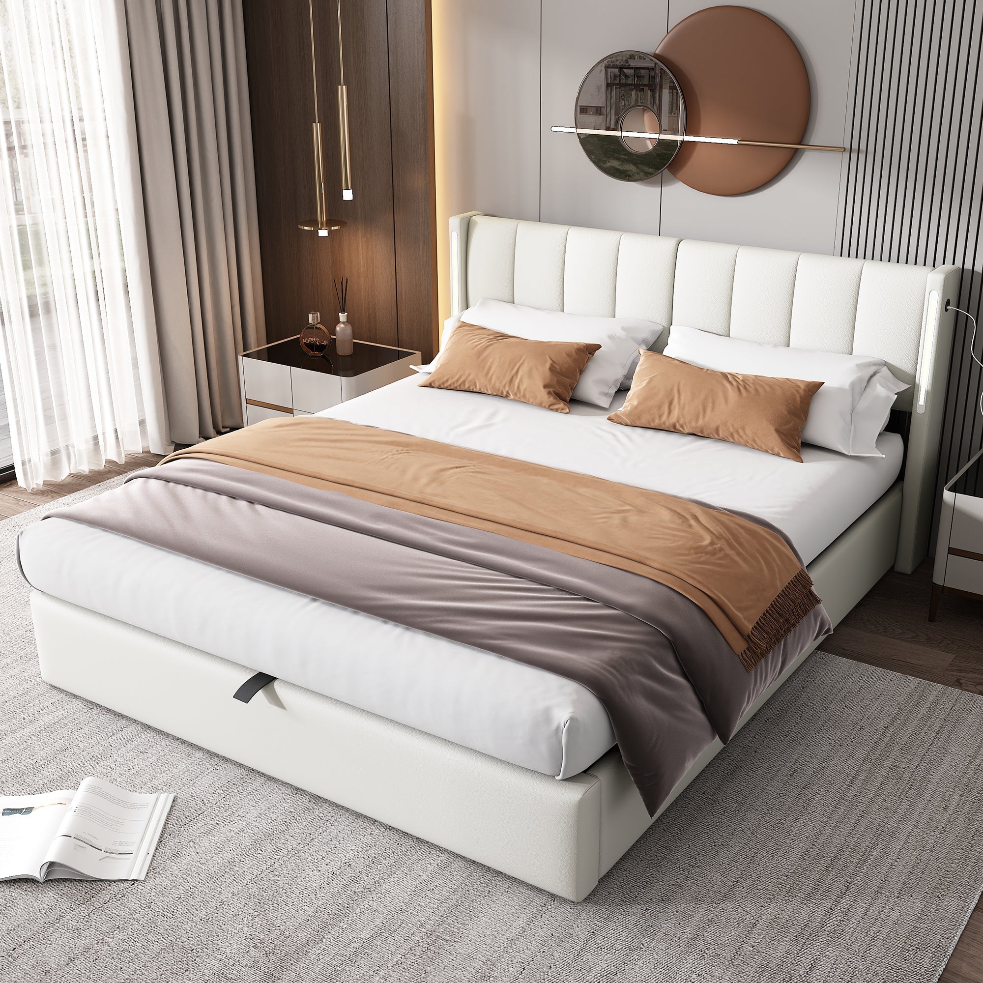 Upholstered Bed 140x190cm Hydraulic Storage Adjustable Headboard LED USB White Faux Leather
