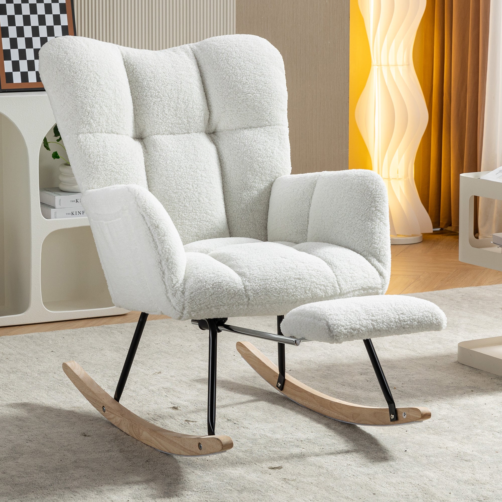 009B Rocking Chair, Upholstered with Retractable Footrest, White Teddy Fabric