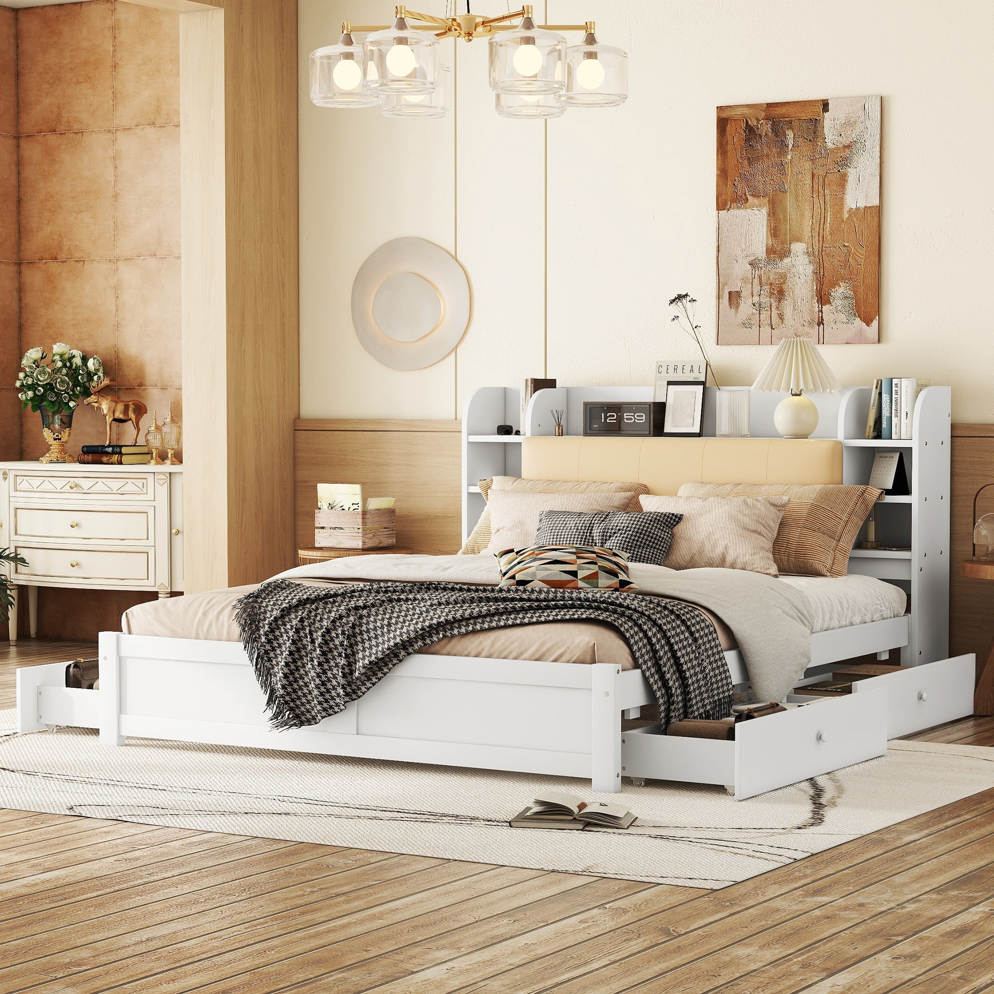Flat Bed, 180x200cm Fold-Down Headboard 4 Drawers Storage, White