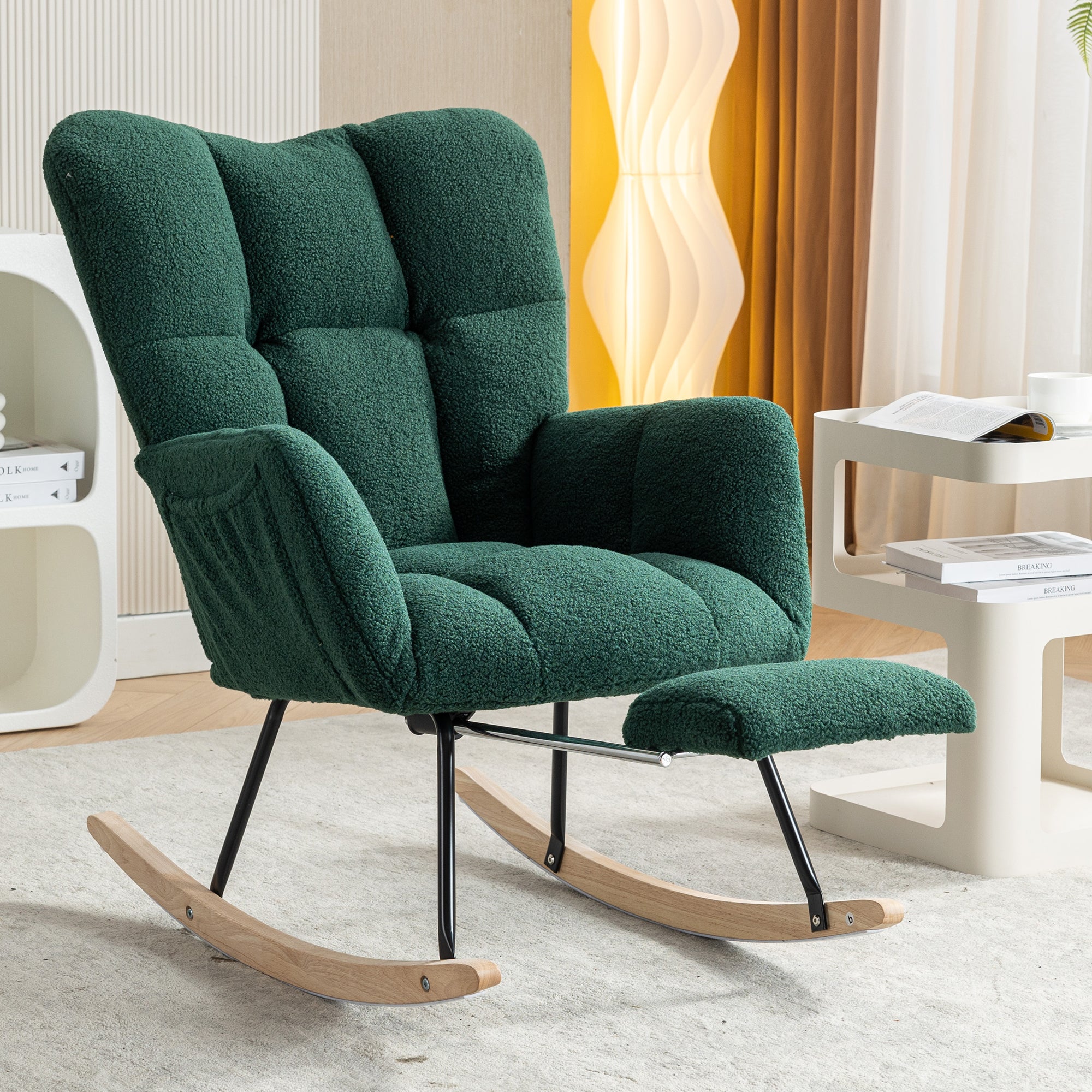 009B Rocking Chair, Modern Upholstered, Extendable Footrest, Green Teddy Fabric