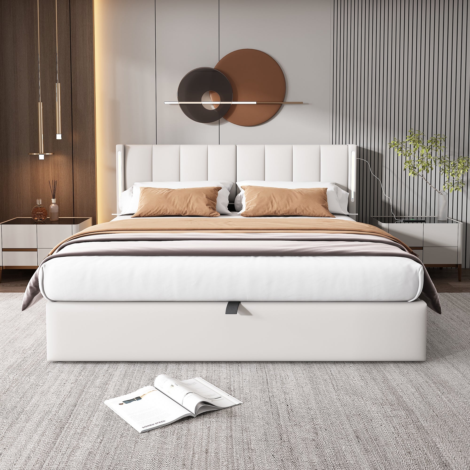 Binaural LED Upholstered Bed with Hydraulic Storage, USB Port and Adjustable Headboard, 180x200cm, White PU Pebble