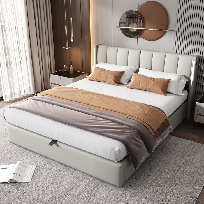 Binaural LED Upholstered Bed with Hydraulic Storage, USB Port and Adjustable Headboard, 180x200cm, Grey PU