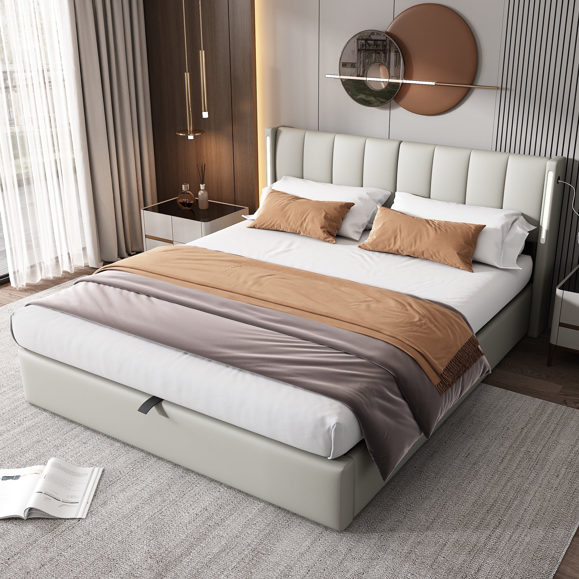 Upholstered Bed 140x200cm Hydraulic Storage LED USB Adjustable Headboard PU Grey