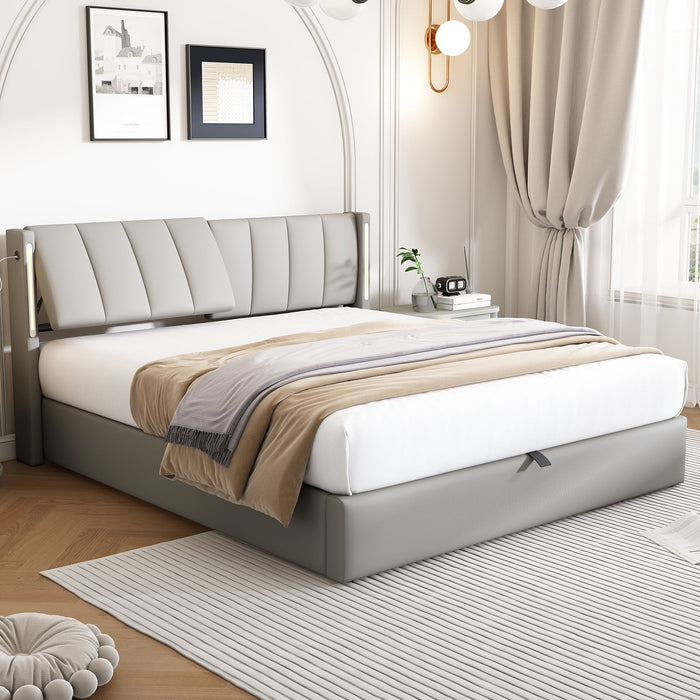 Upholstered Bed 140x190cm Hydraulic LED USB Storage Adjustable Headboard PU Gray