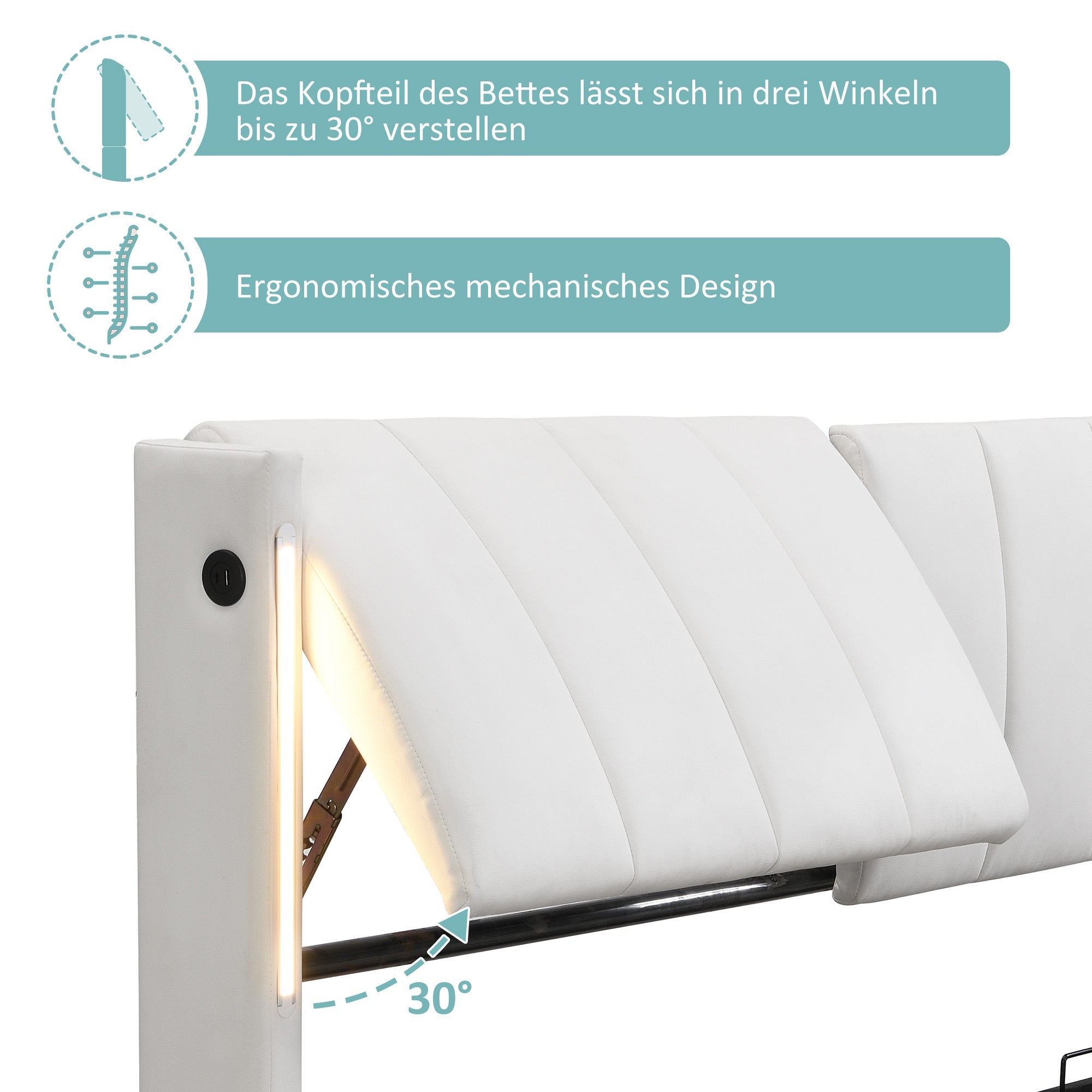 Binaural LED Upholstered Bed with Hydraulic Storage, USB Port and Adjustable Headboard, 180x200cm, White PU Pebble