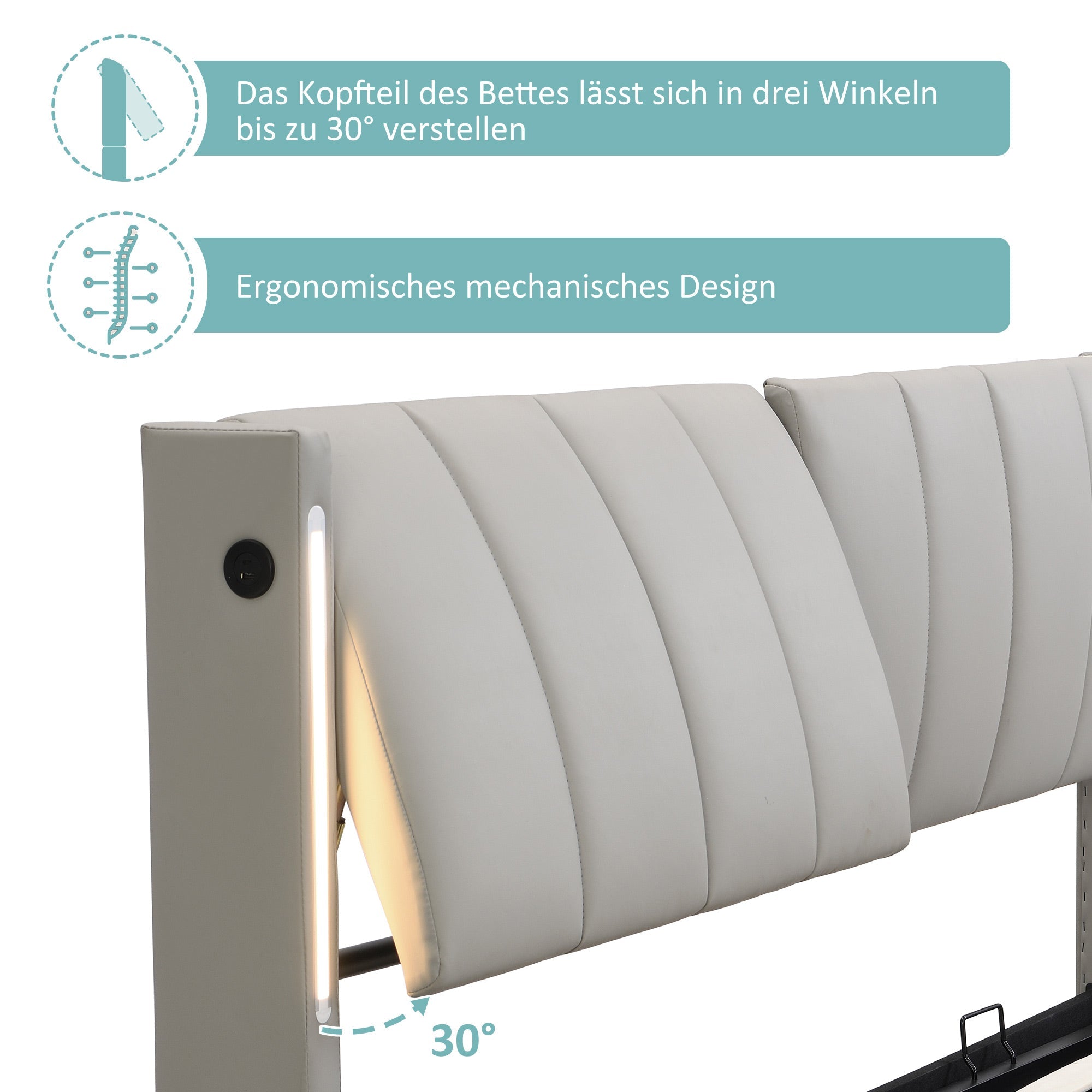 Binaural LED Upholstered Bed with Hydraulic Storage, USB Port and Adjustable Headboard, 180x200cm, Grey PU