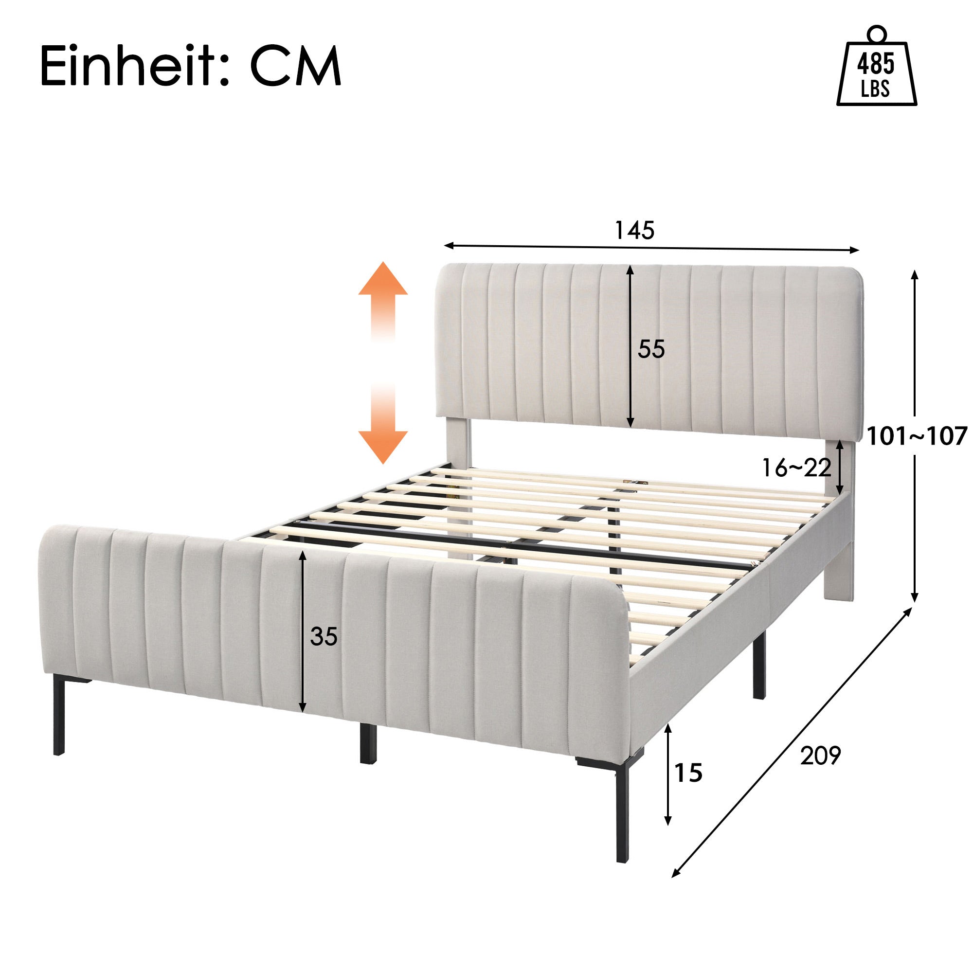 Upholstered Double Bed 140 x 200 cm, Adjustable Headboard, Grey-Beige Linen