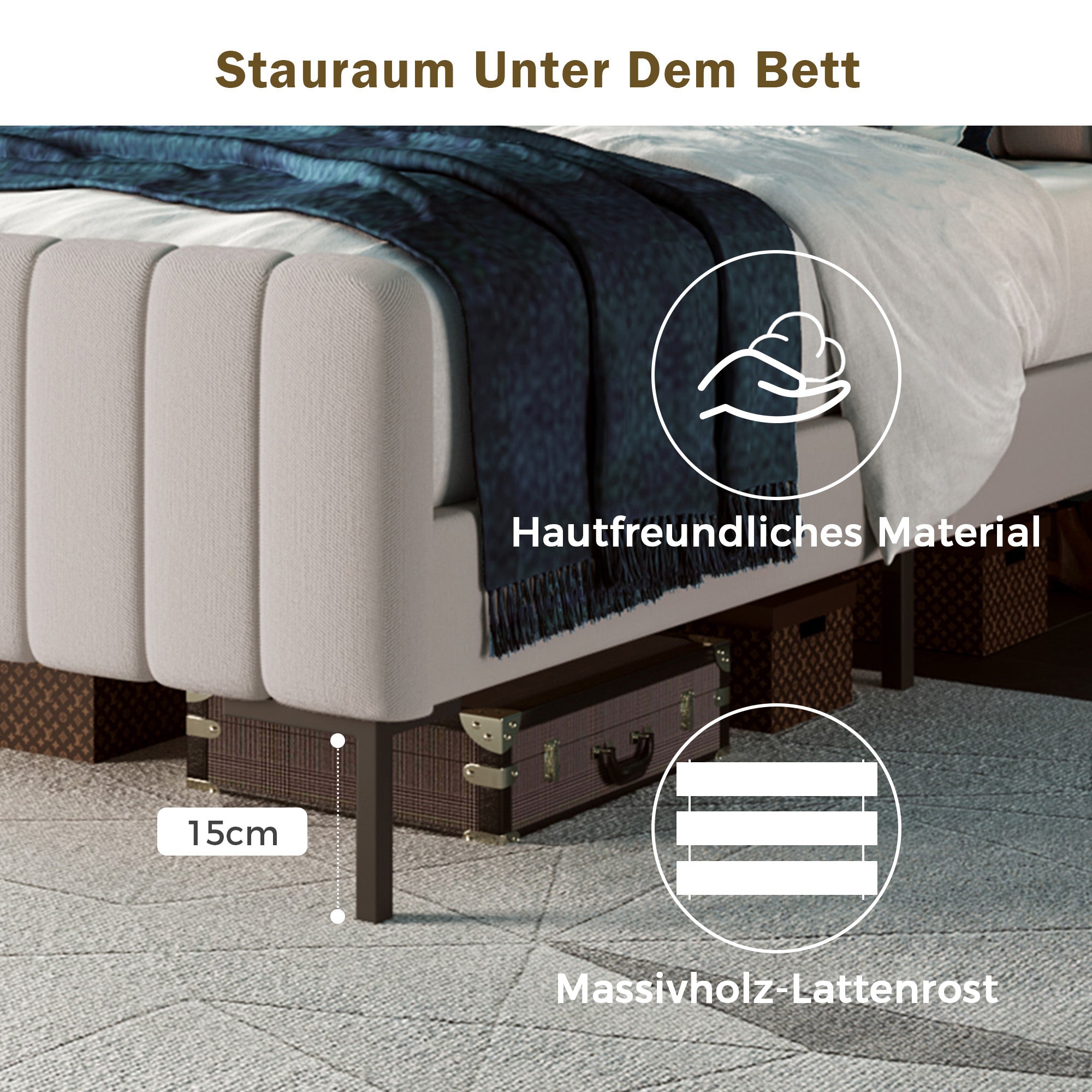 Upholstered single bed, 90 x 200 cm, adjustable headboard, grey-beige linen
