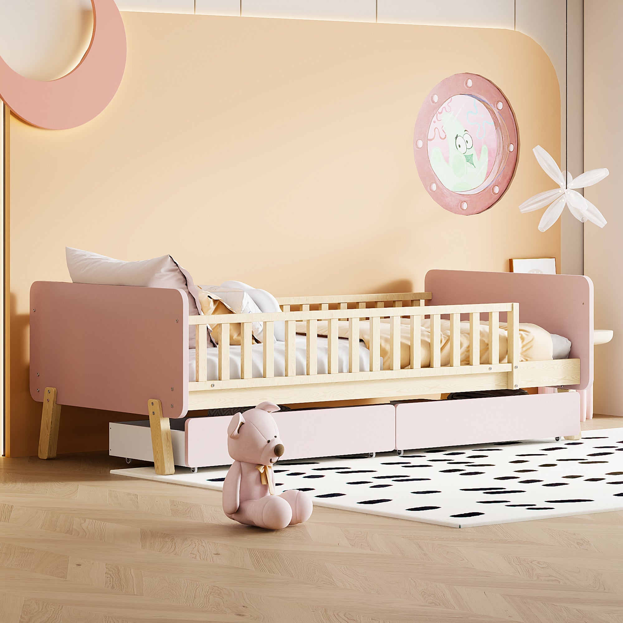 Children's Bed 90x190 with 2 Drawers, Solid Wood, Pink