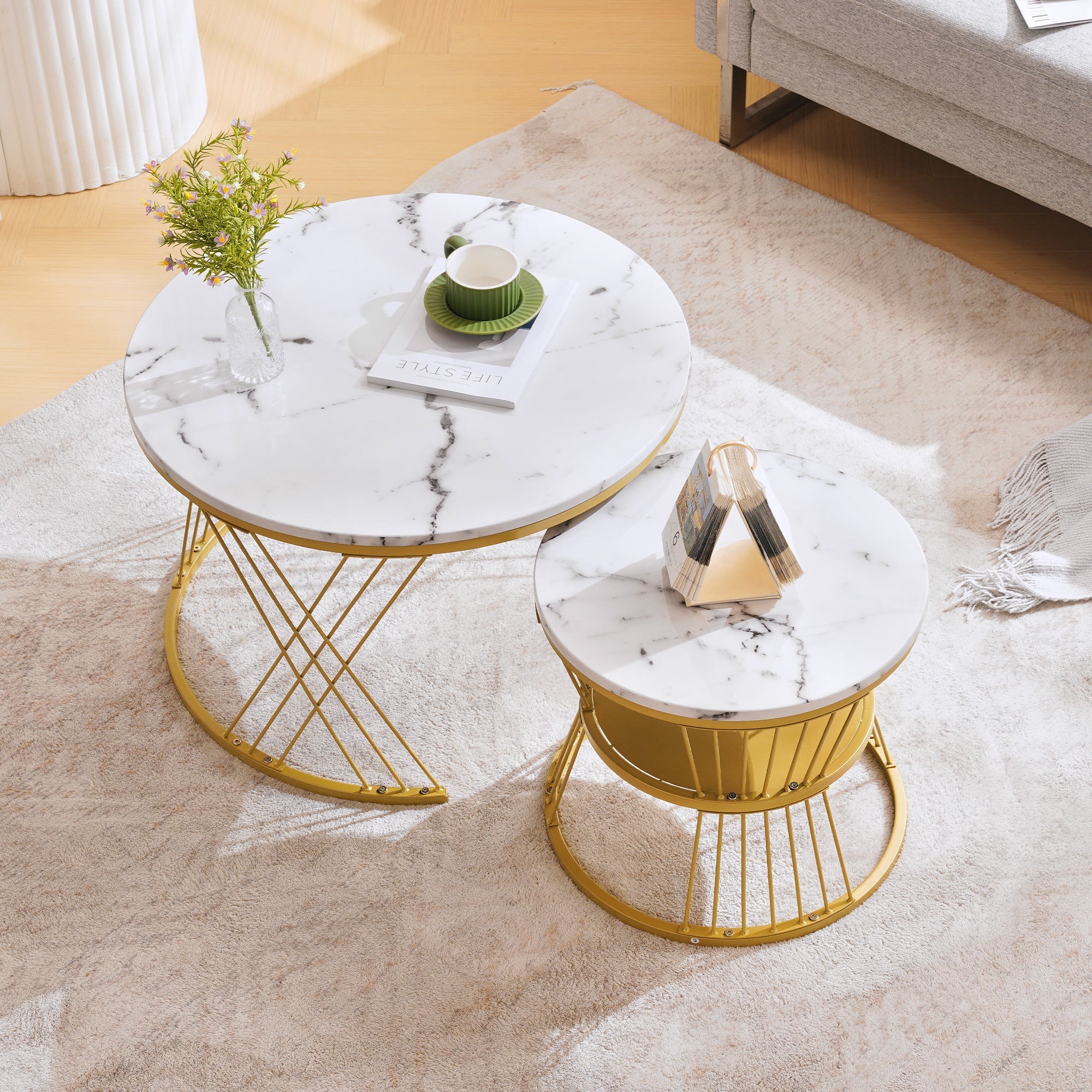 Nesting Coffee Table Set High Gloss Marble Veneer Round 2-Piece - Gold Frame