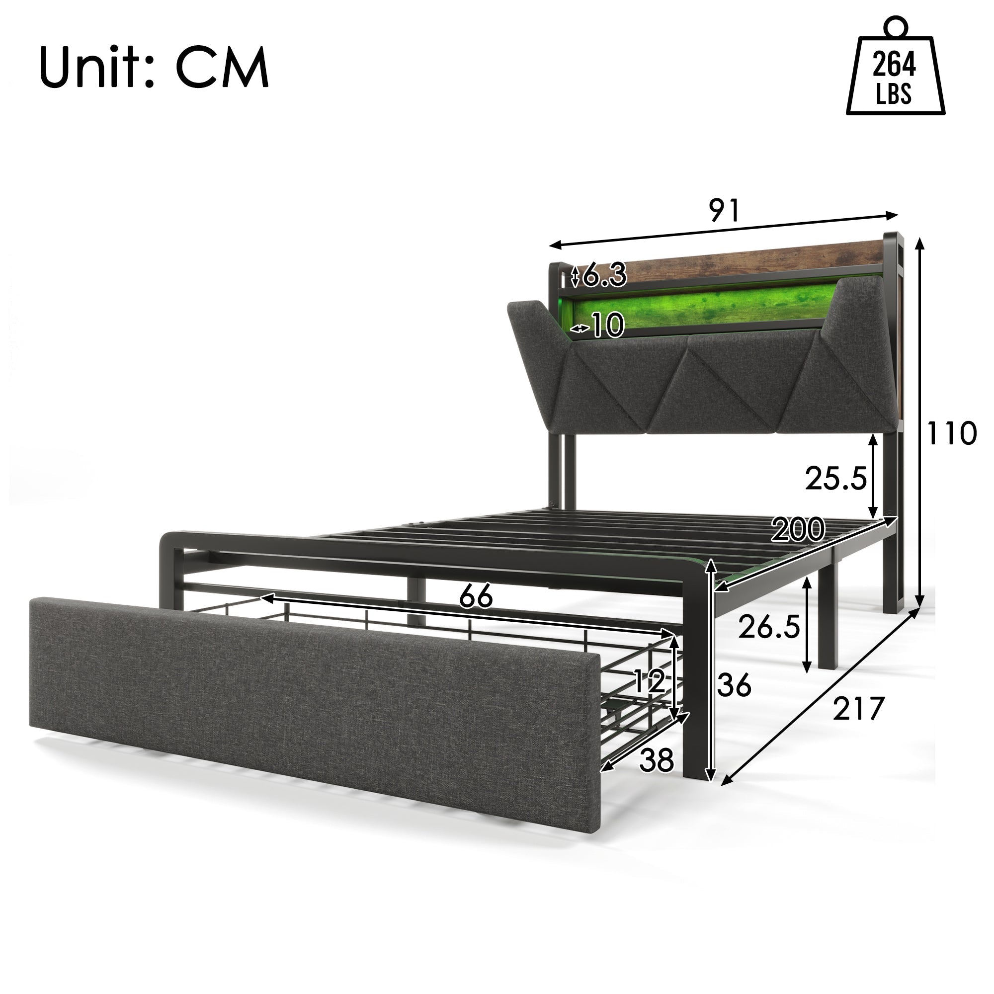 Upholstered Bed Single 90x200cm, Storage Headboard, LED, USB-C, Metal Frame, Grey
