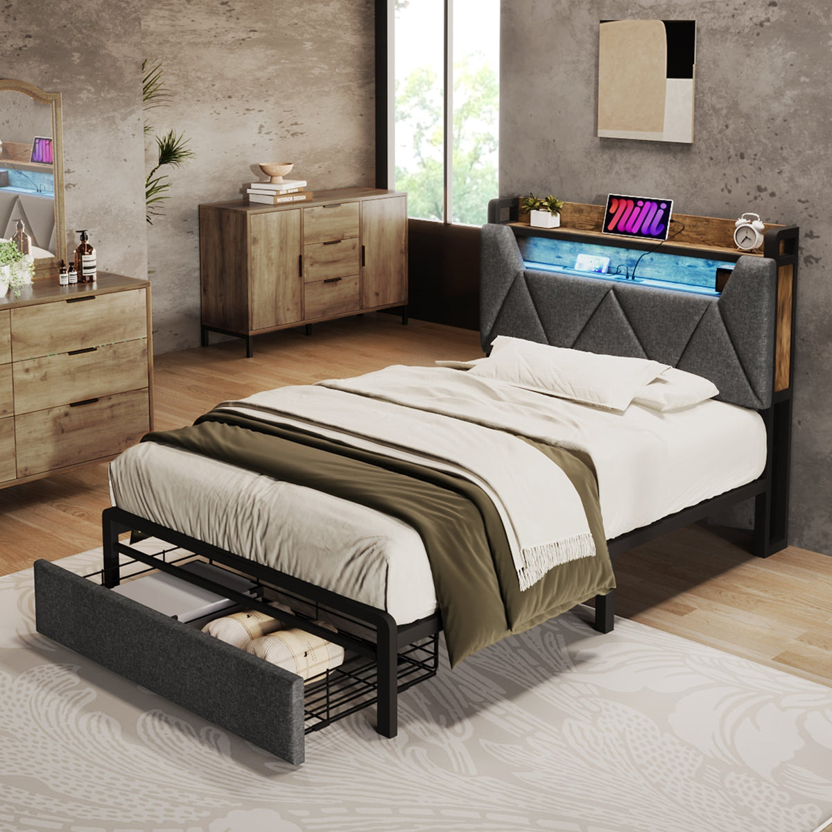 Upholstered Bed with USB-C Charging, LED Headboard, Drawers, Single 90x200cm - Metal Slatted Base, Grey