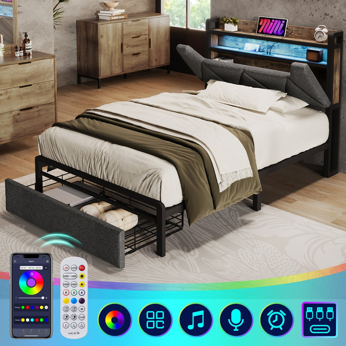 Upholstered Bed with USB-C Charging, LED Headboard, Drawers, Single 90x200cm - Metal Slatted Base, Grey