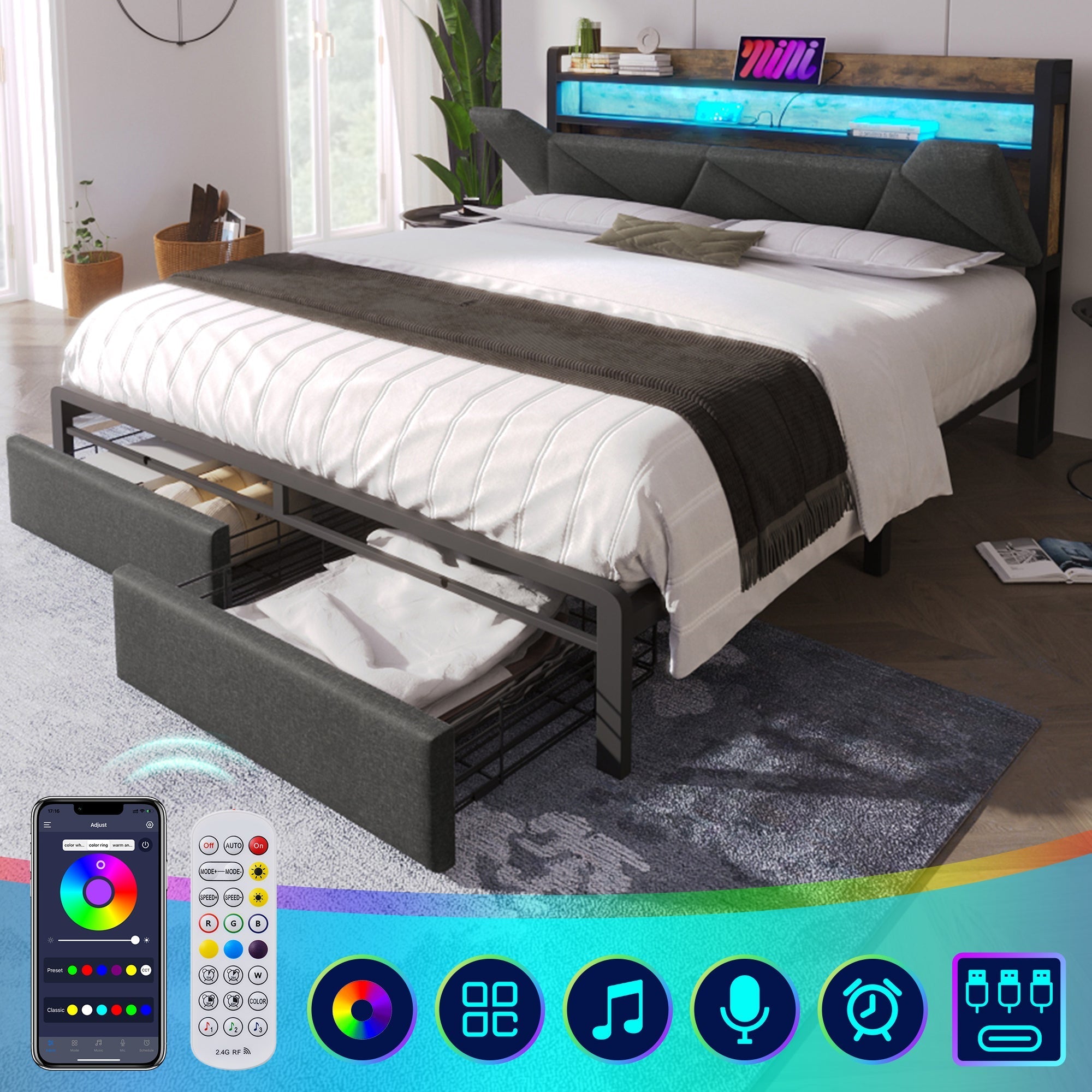Upholstered Bed, 140x200 with USB-C, LED, Storage Drawers & Headboard, Gray with Metal Frame