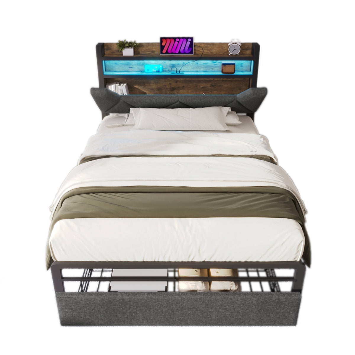 Upholstered Bed with USB-C Charging, LED Headboard, Drawers, Single 90x200cm - Metal Slatted Base, Grey