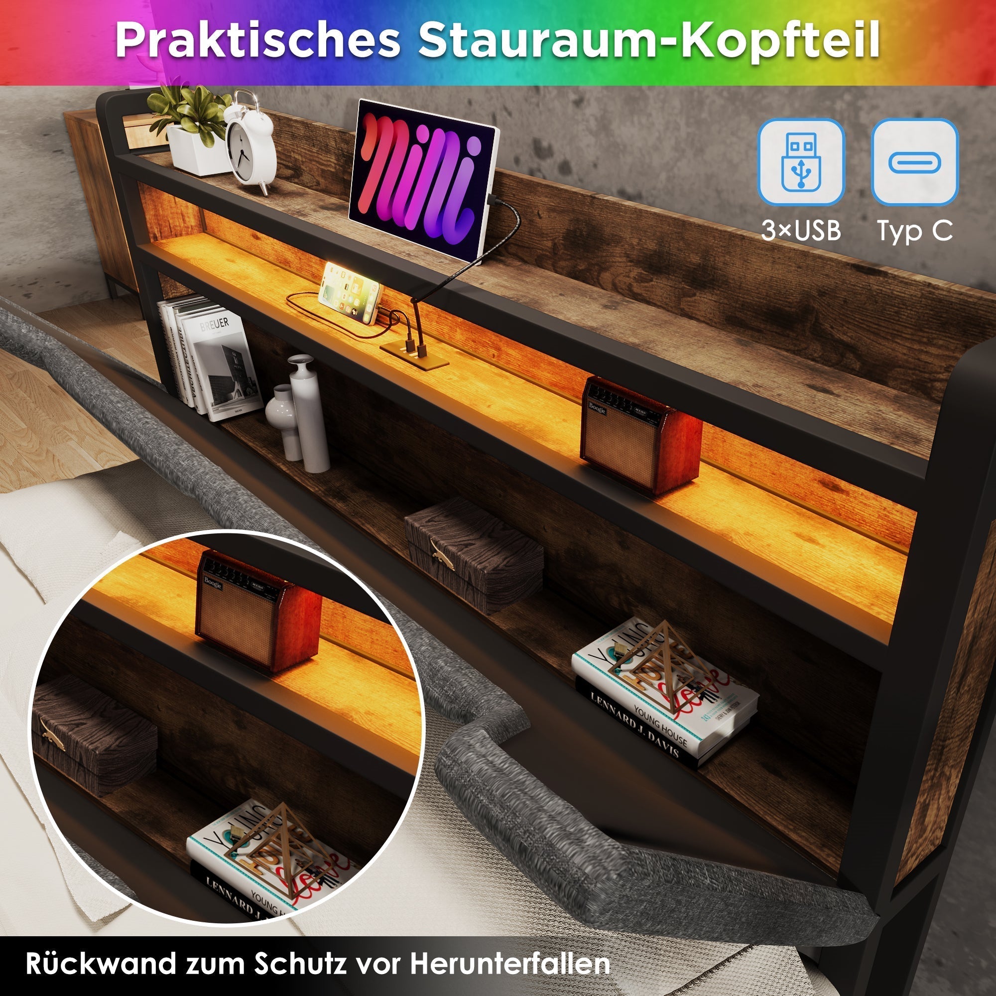 Upholstered Bed with USB-C Charging, LED Headboard, Drawers, Single 90x200cm - Metal Slatted Base, Grey