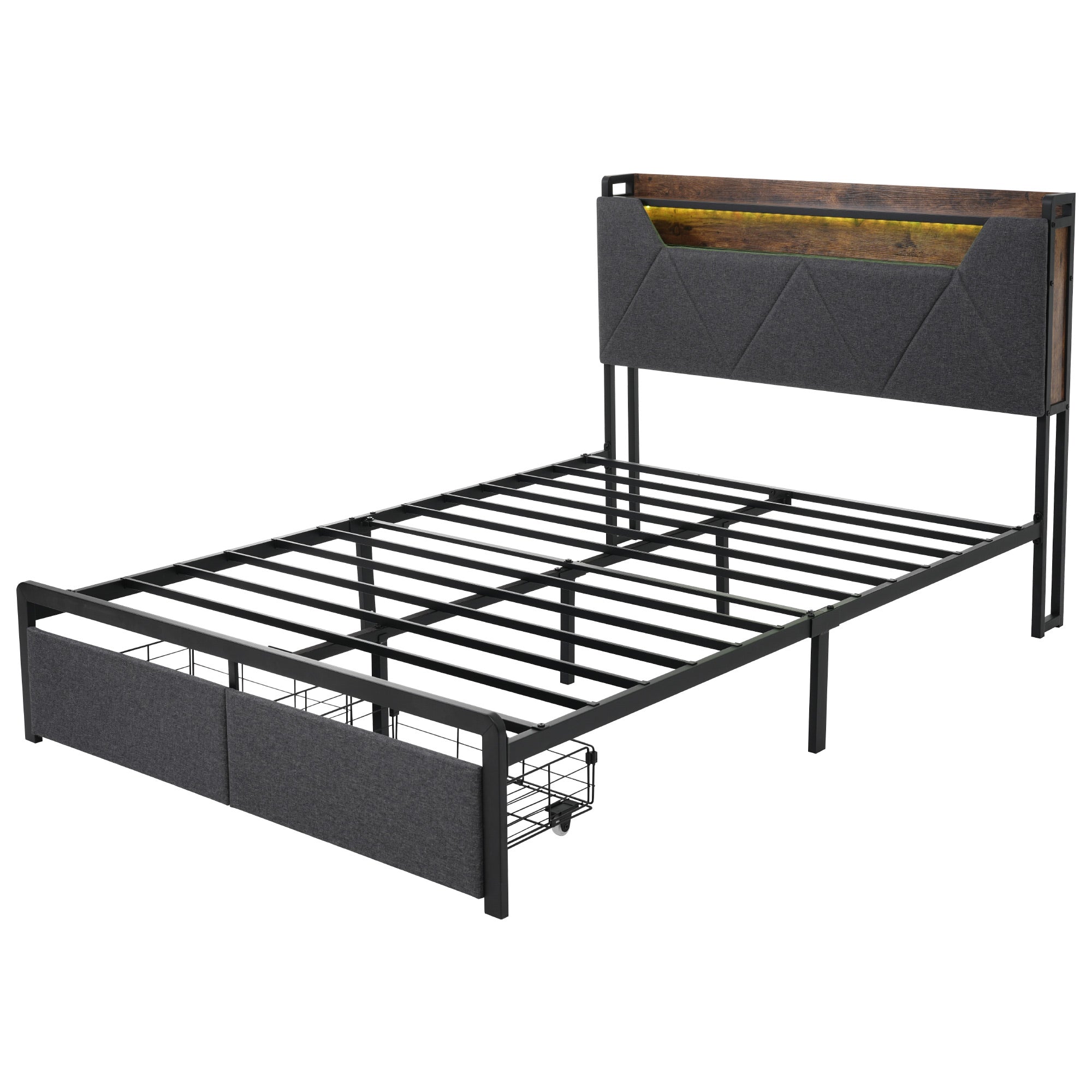 Upholstered Bed, USB Type-C, LED, Drawers, 160x200cm, Gray