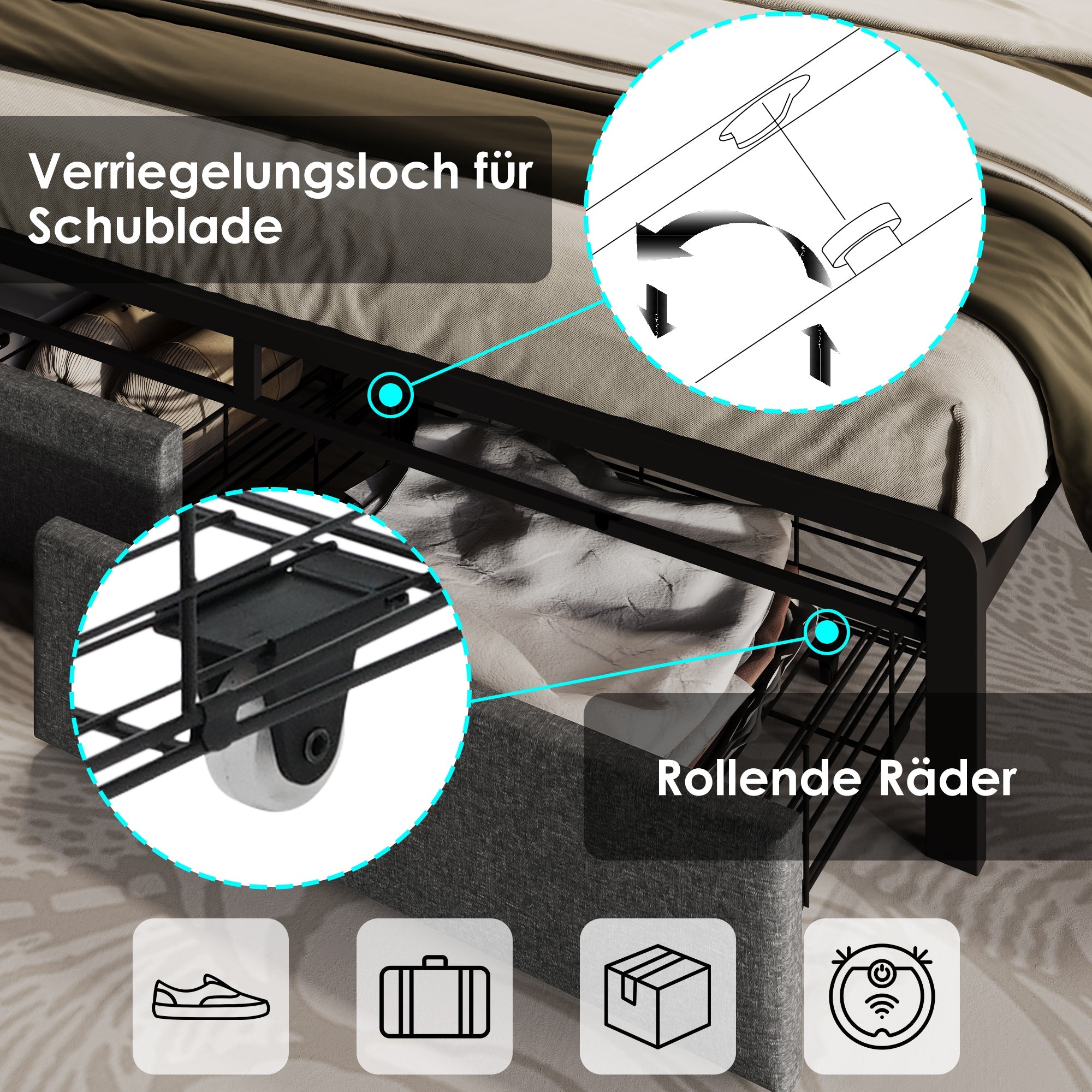 Upholstered Bed, USB Type C Charging, LED Lighting, Storage Headboard & Drawers, 160x200cm, Gray
