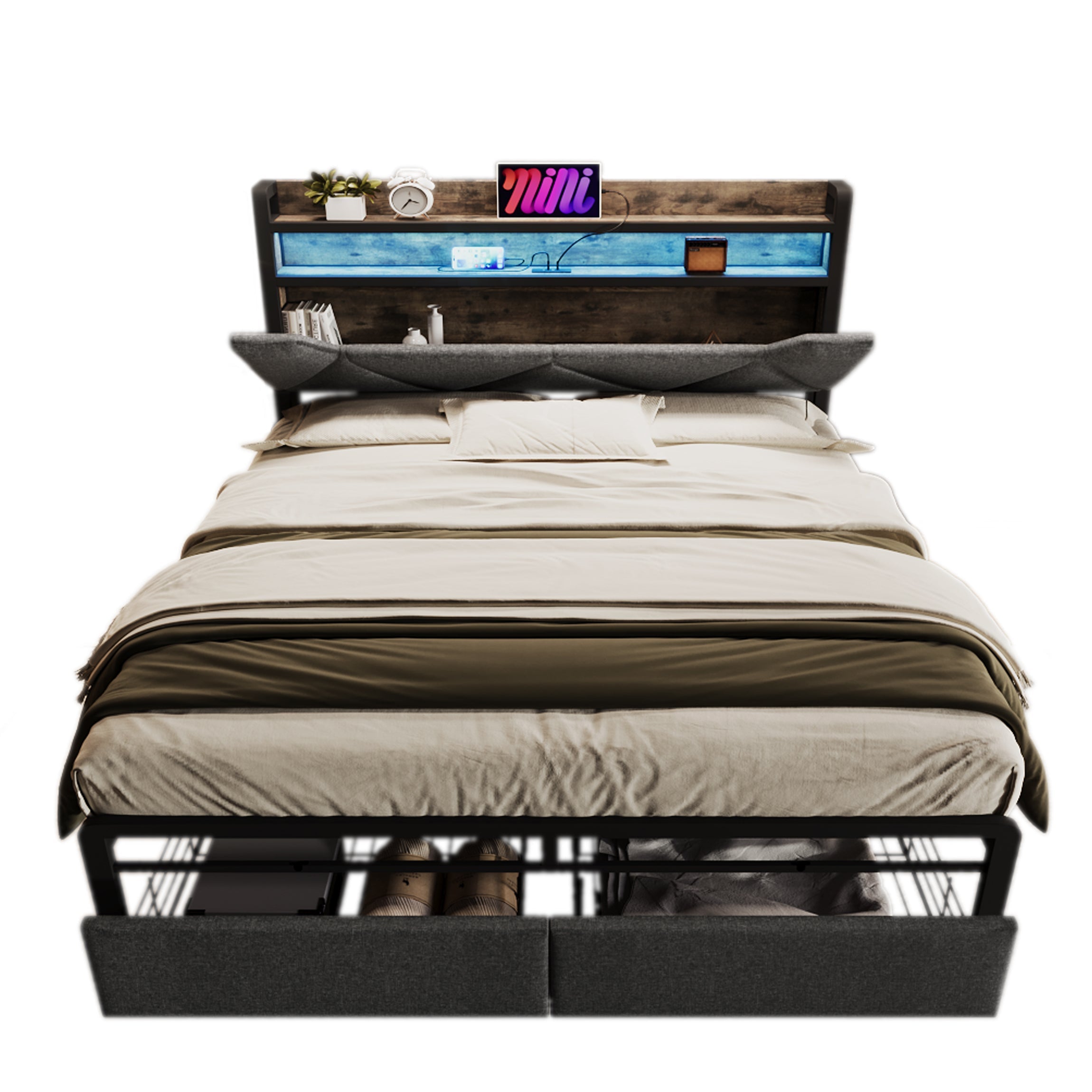 Upholstered Bed, USB-C, Storage Headboard, LED, Drawers, 140x200cm, Metal Frame, Gray